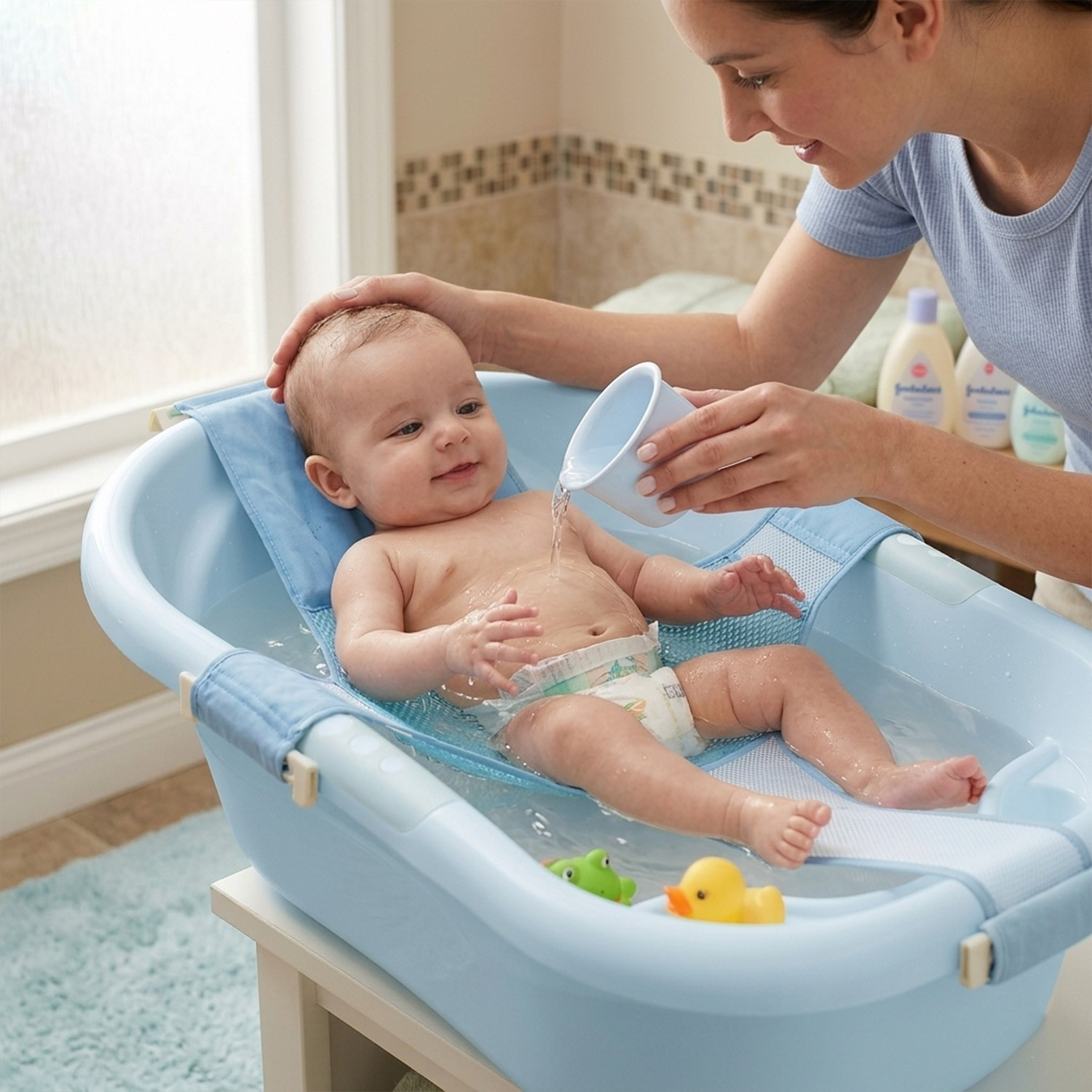 Image of SYGA Bath Seat Support Net Non-Slip Bathtub Sling Shower Mesh Bathing Cradle Rings for Tub (Blue) Baby Bath Seat