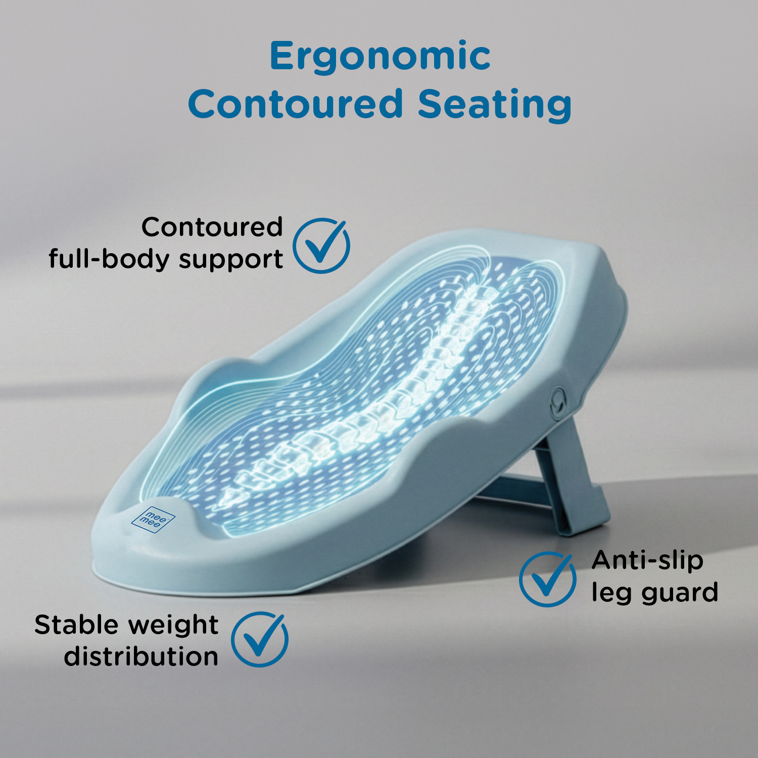 Image of MeeMee Mini Spa Baby Bath Chair with Spine Support Gel Shield & Adjustable Recline Baby Bath Seat (Blue)