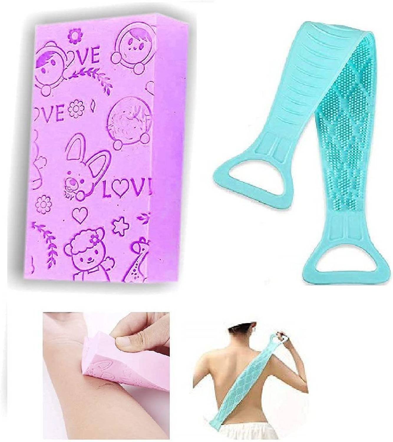 AARADHYAM 2 pcs of Silicon Back Bath scrubber Brush Washer For Dead Skin Removal with Sponge scrubber For Bath for Women and Men - Pack of 2