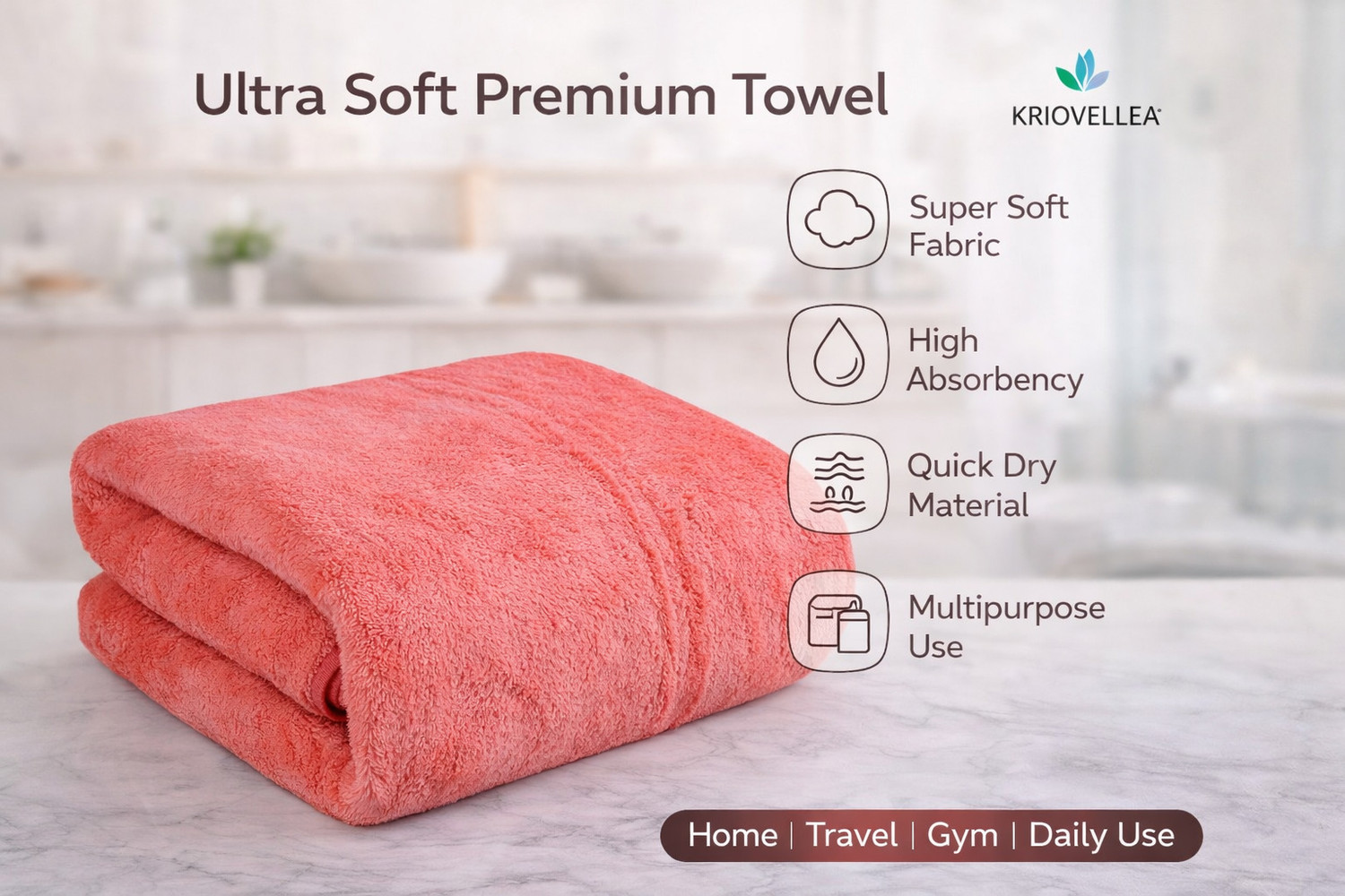 Image of KRIOVELLEA Microfiber 500 GSM Bath, Sport, Beach Towel