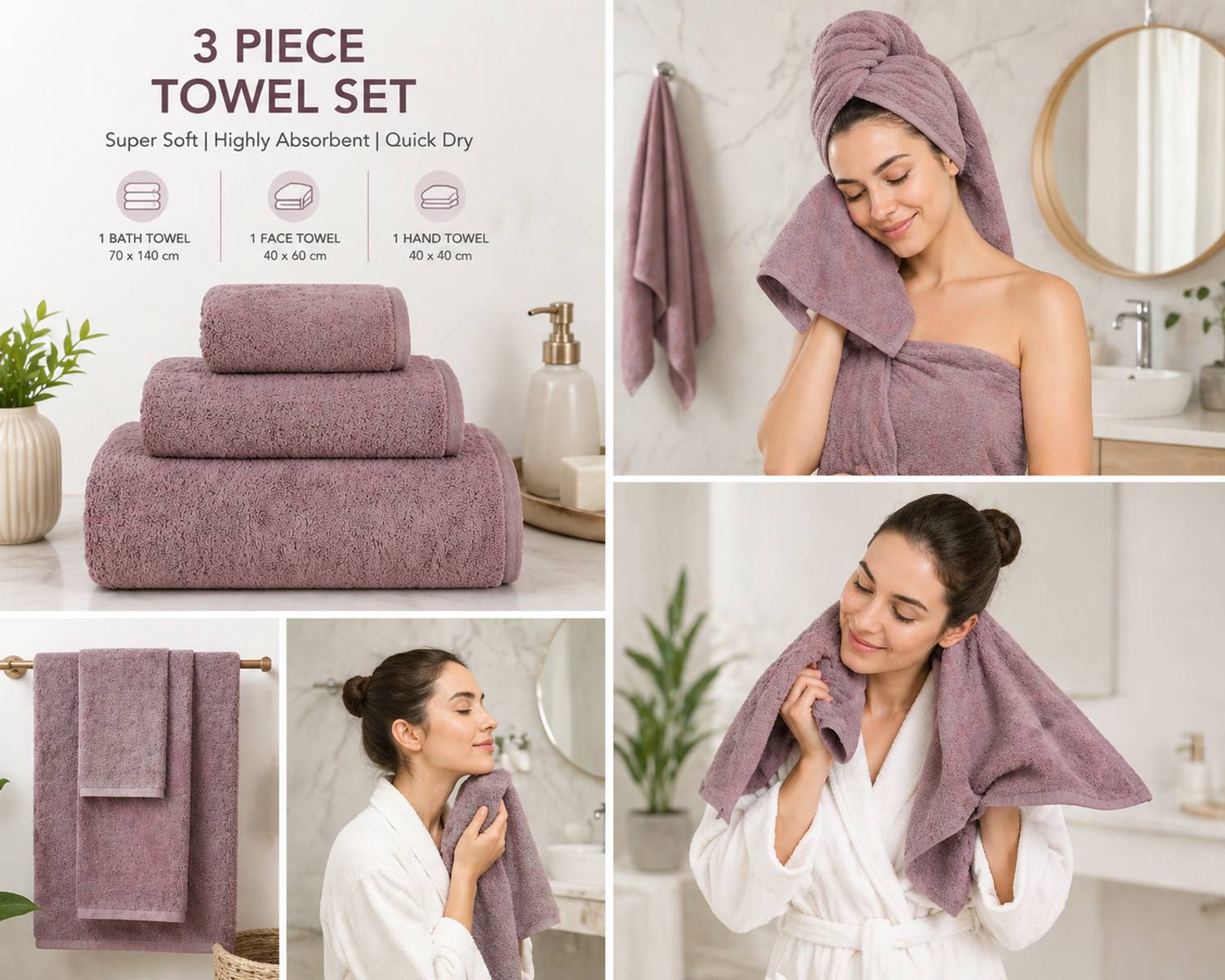 Fezora Microfiber 350 GSM Bath, Face, Hand Towel Set (Pack of 3) - Image 3