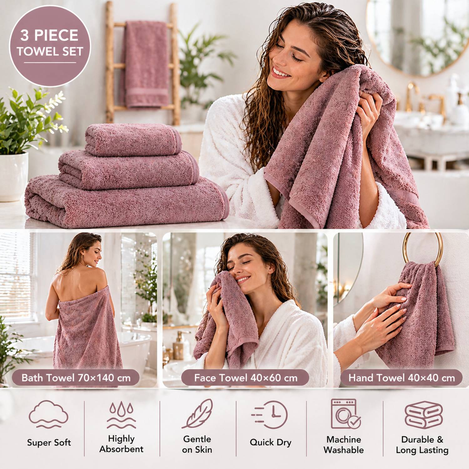 Fezora Microfiber 350 GSM Bath, Face, Hand Towel Set (Pack of 3) - Image 2