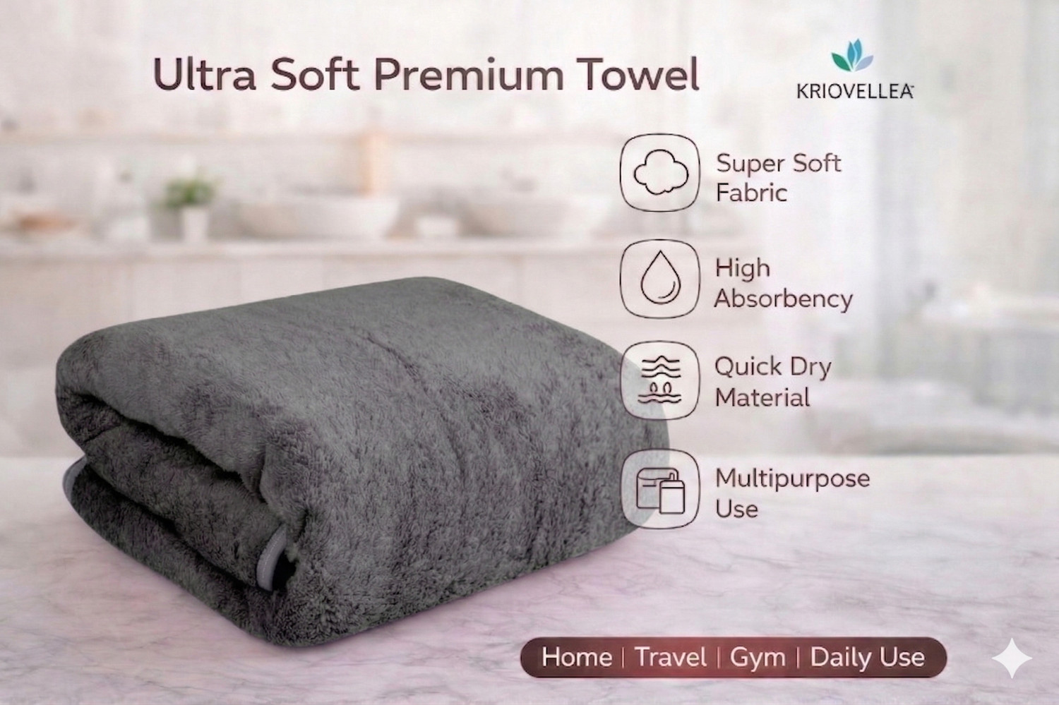 Image of KRIOVELLEA Microfiber 500 GSM Bath, Sport, Beach Towel