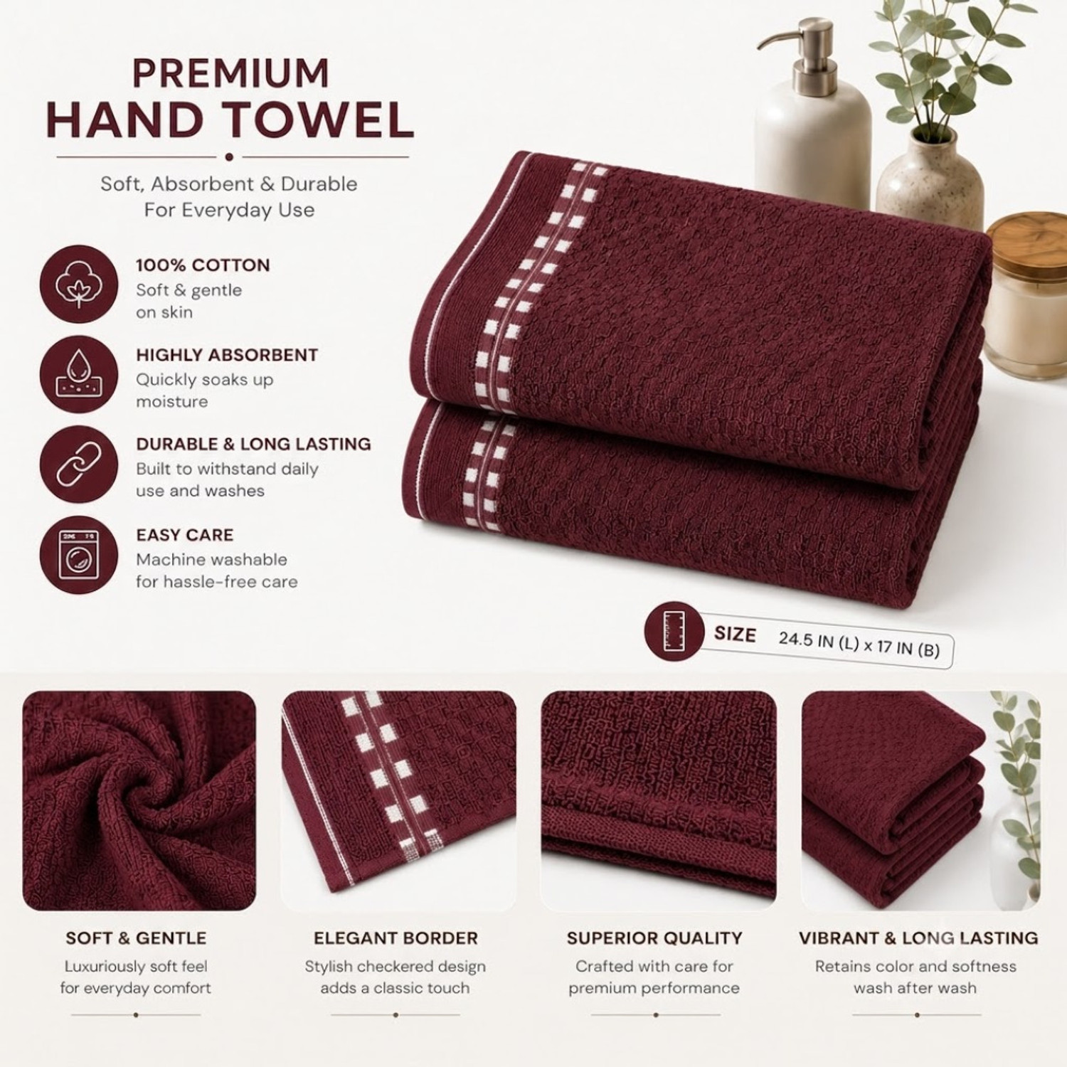 Image of TURBOMAX Cotton 490 GSM Face, Hand Towel (Pack of 3)