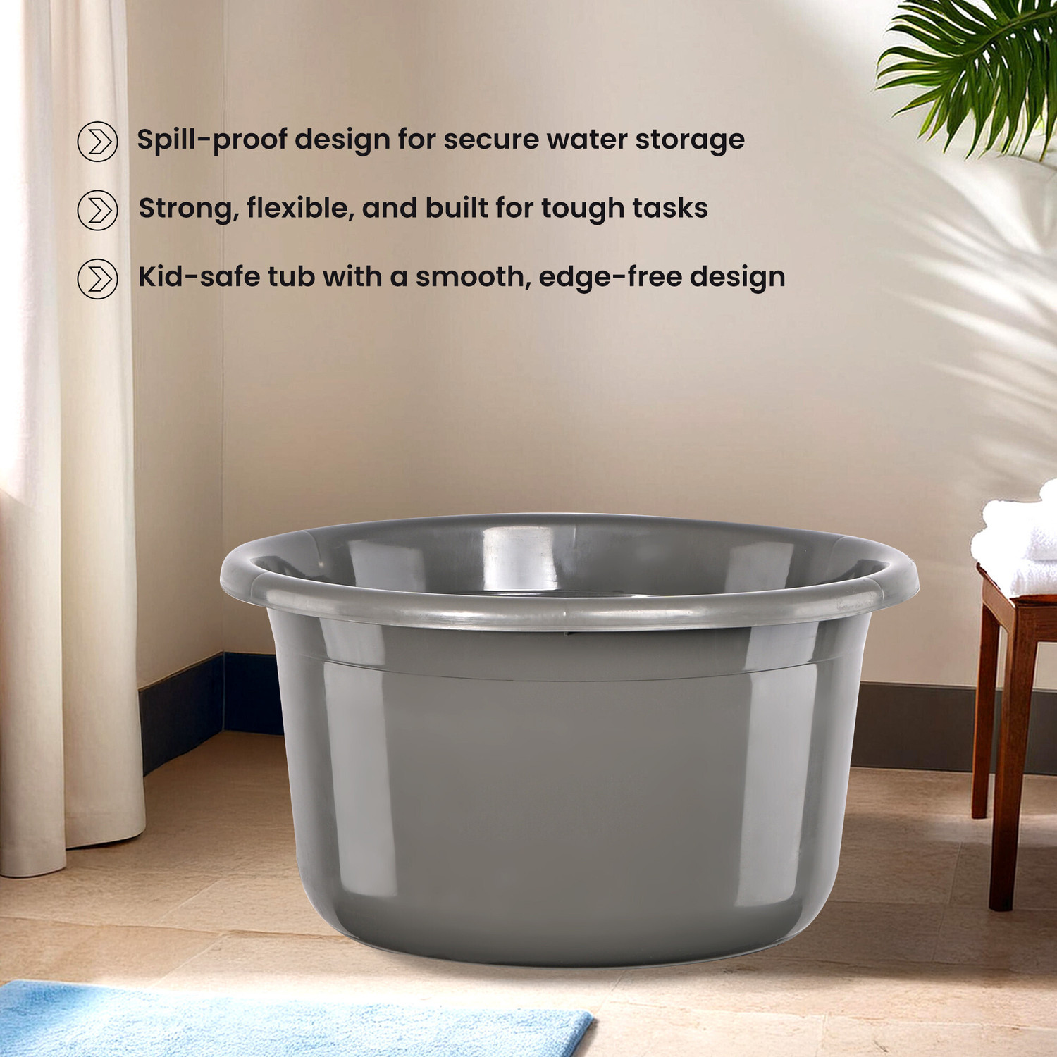 Image of KUBER INDUSTRIES 2 Pcs 25 Ltr Bath Tub Plastic For Home, Washroom & Kitchen | Grey