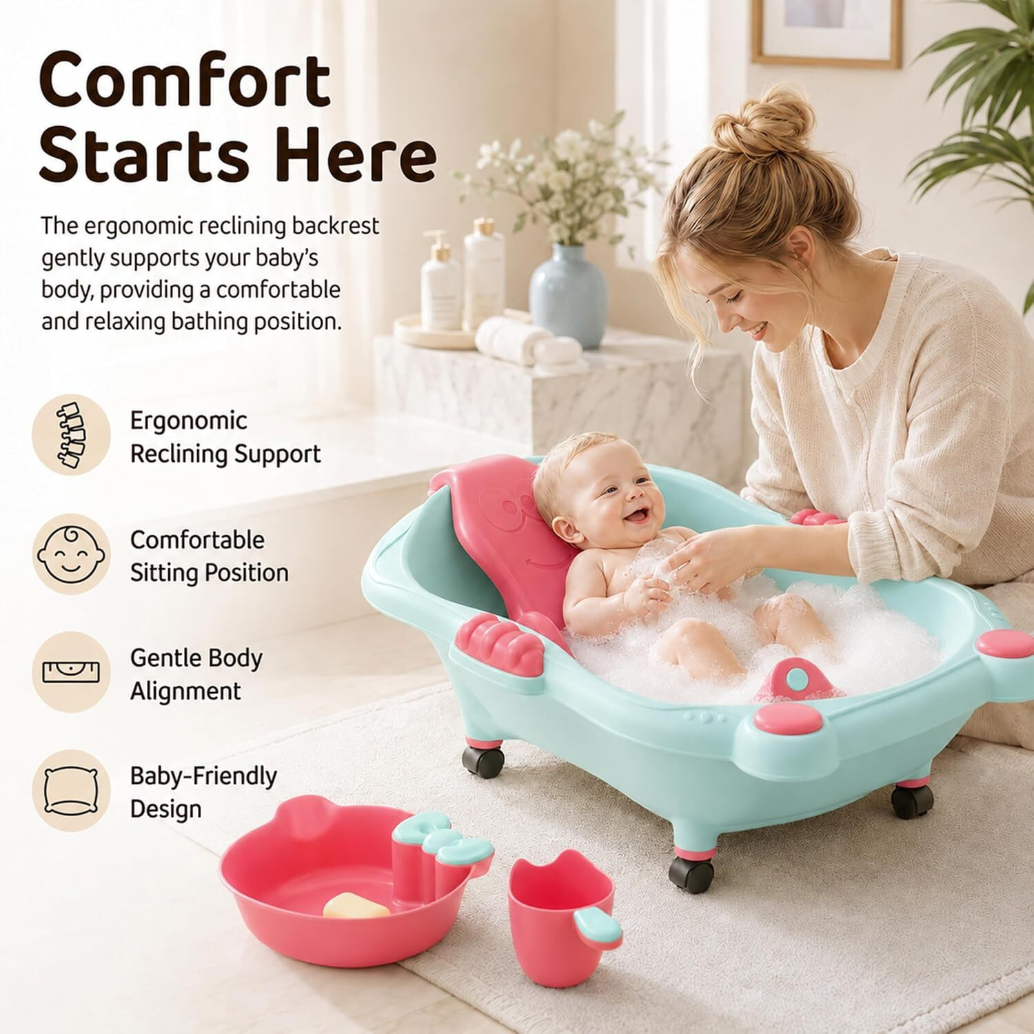 Image of StarAndDaisy Premium Baby Bathtub with Ergonomic Support & Easy-Roll Wheels