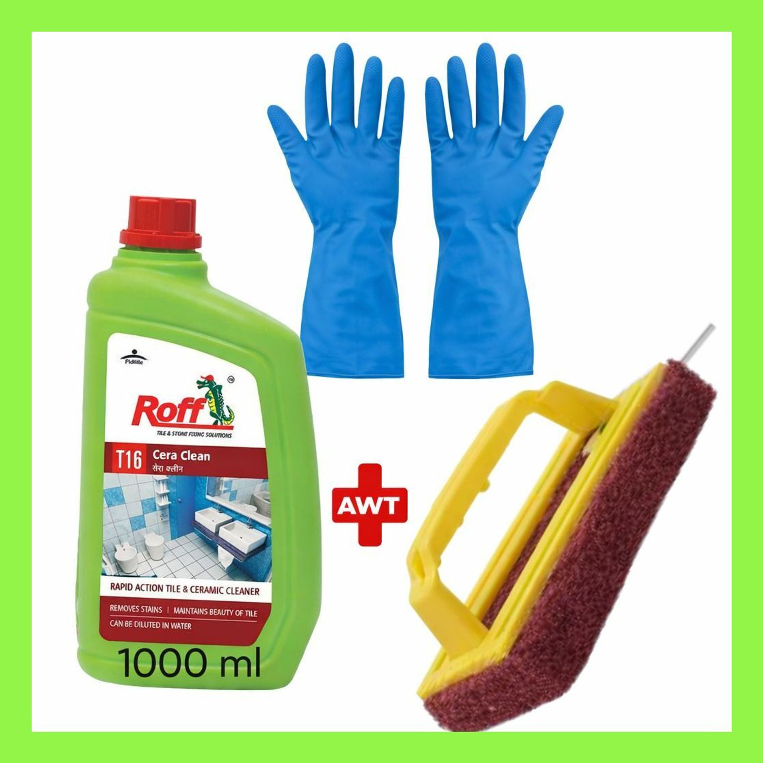 Pidilite ROFF Cera Clean T16 Tile & Ceramic Cleaner 1L with Blue Gloves & Scrub Brush