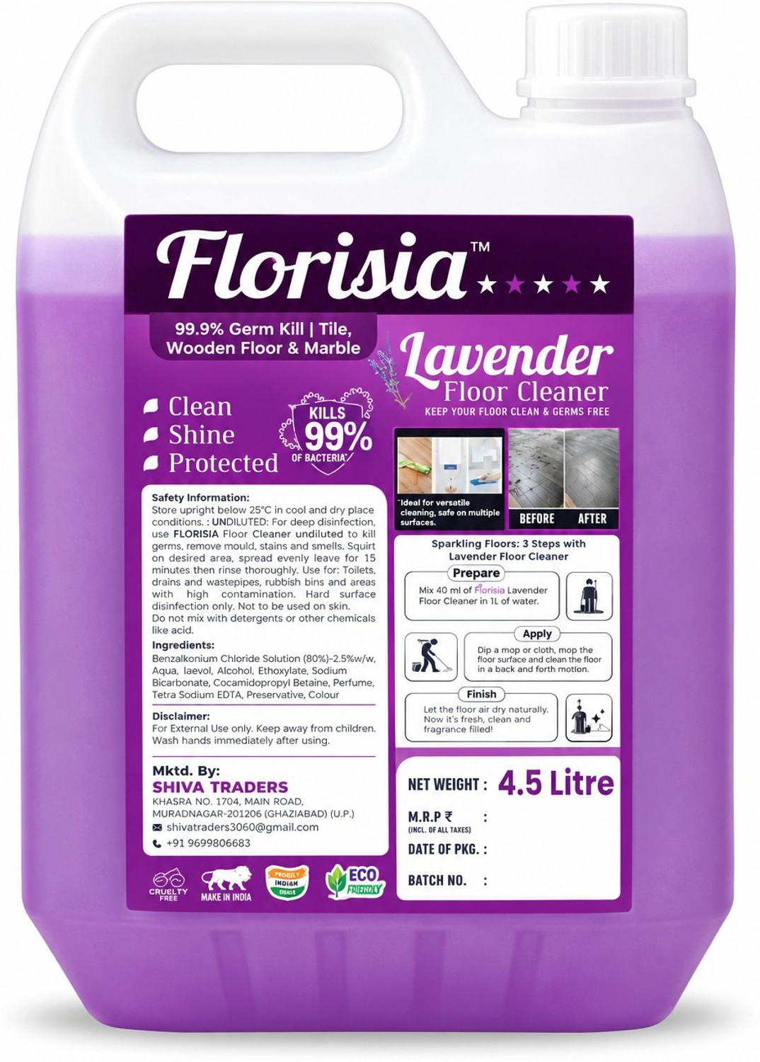 Image of Florisia Powerful Liquid Floor Cleaner & Disinfectant for Home & Office Use lavender