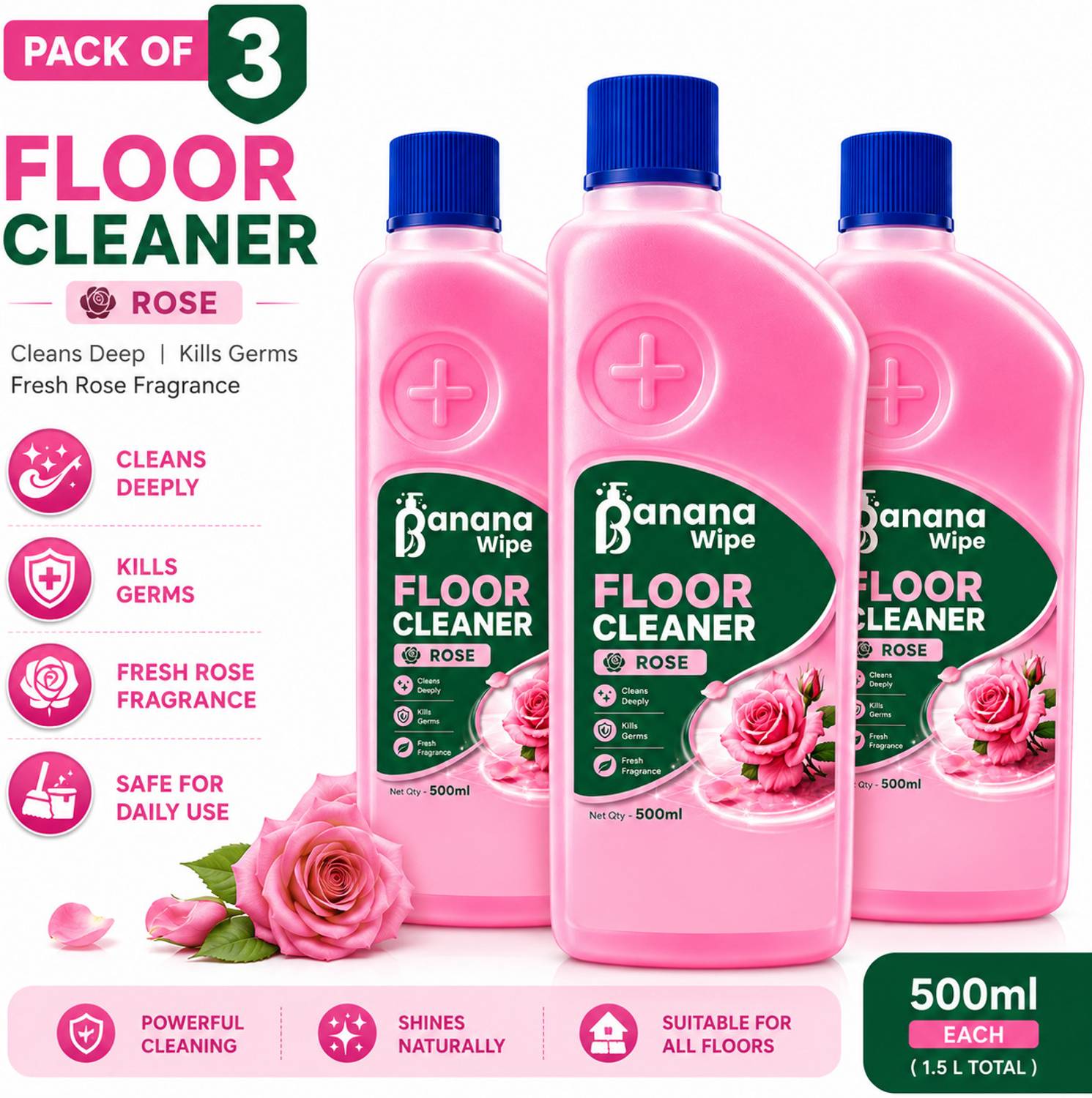 Bananawipe Rose Fragrance Floor Cleaner Liquid for Home & Office Pack of 3 Rose