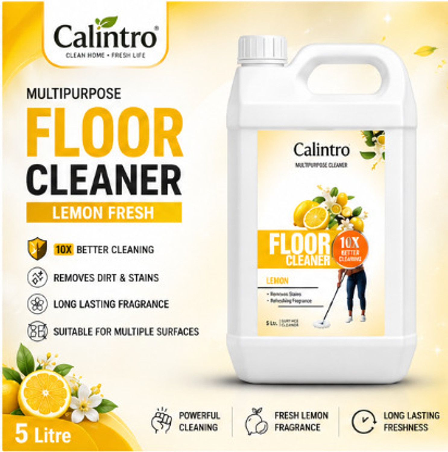 Image of Calintro Lemon Floor Cleaner 5L Powerful Stain Remover Fresh Fragrance Formula Lemon
