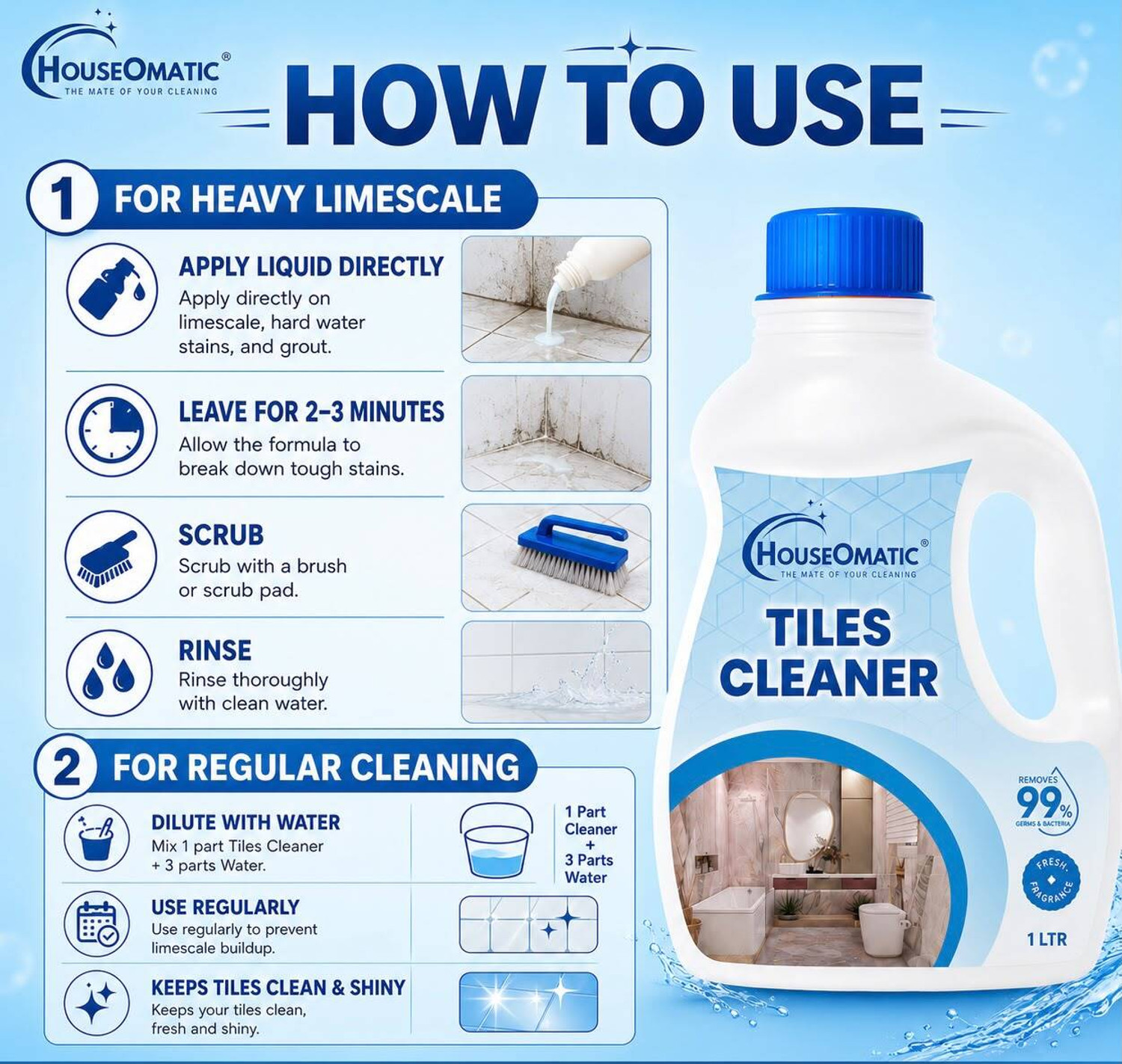 Image of HOUSEOMATIC Tiles Cleaner 1 Ltr | Professional Tile | Floor & Ceramic Cleaner (1 Litre) NA