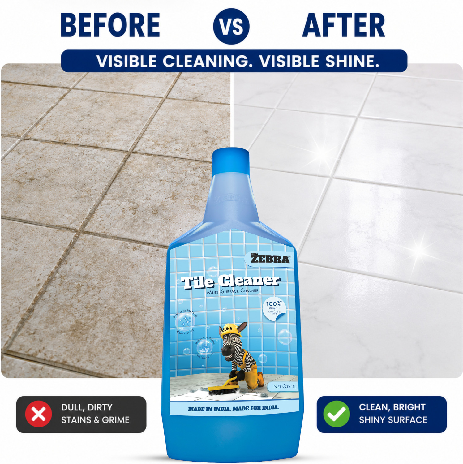 Image of suna zebra ZEBRA Tile Cleaner | Heavy-Duty Stain Remover for Tiles & Floors |(1 Litre) Fragrance free