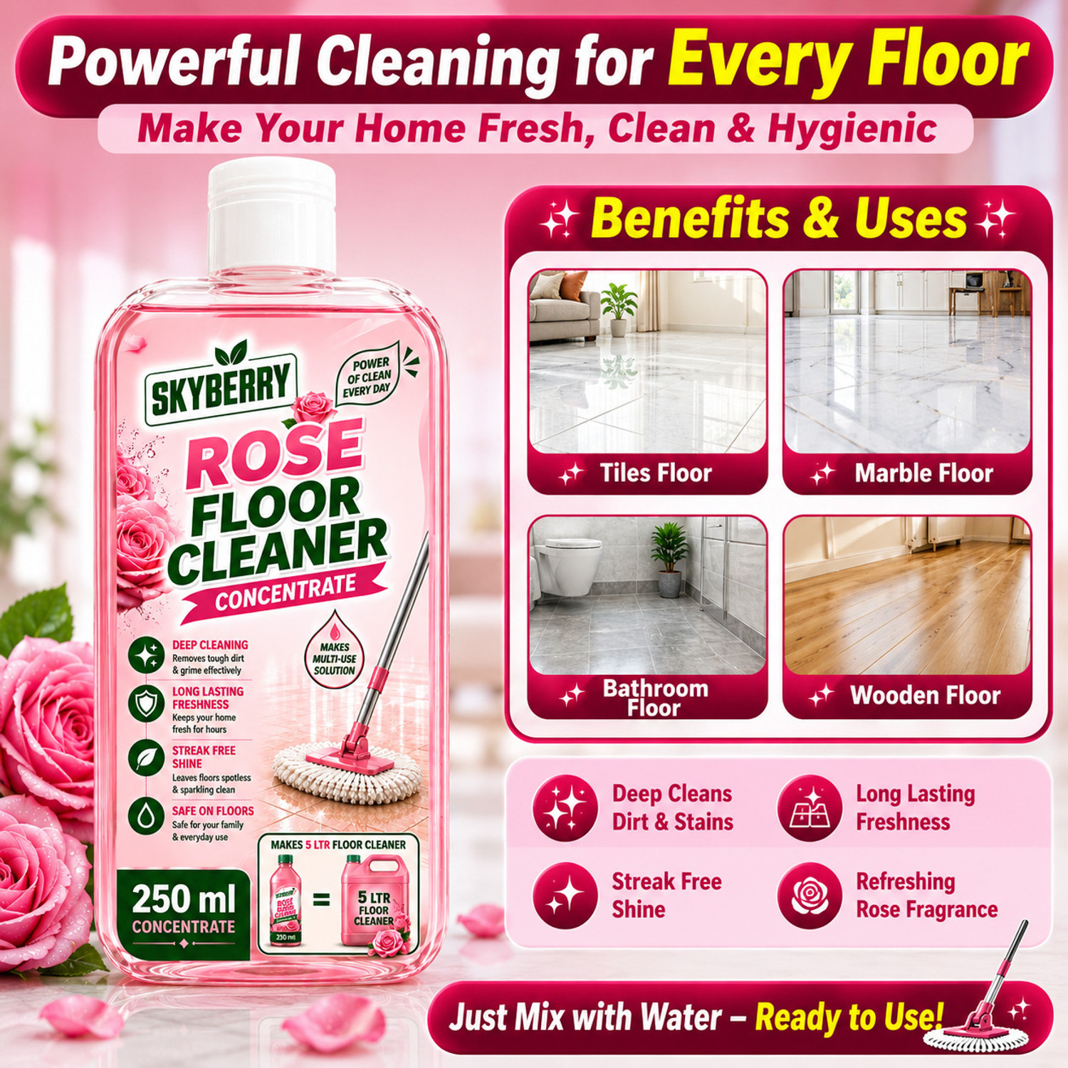 Image of skyberry Concentrated Floor Cleaner | Powerful Cleaning Liquid for Home & Office rose