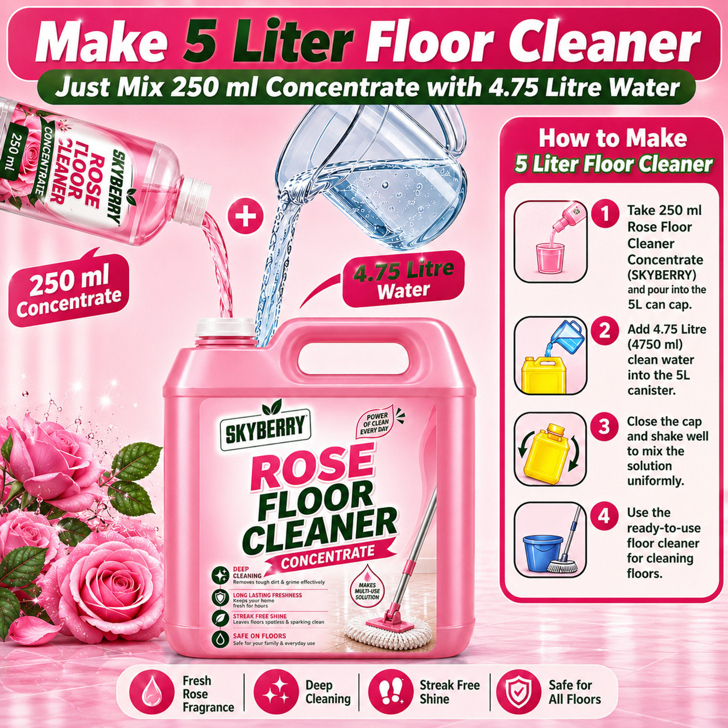 Image of skyberry Concentrated Floor Cleaner | Powerful Cleaning Liquid for Home & Office rose