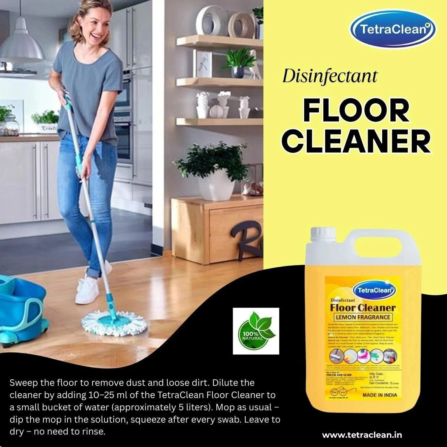 Image of TetraClean Floor Cleaner | Disinfectant Floor Cleaner 5 Liter Germ Protection Lemon