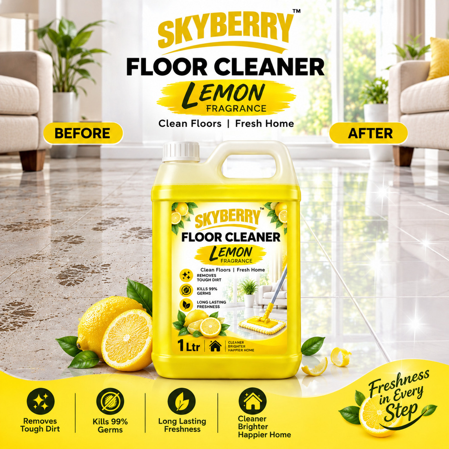 Image of skyberry Floor Cleaner Effective Action Liquid for Regular Floor Cleaning Lemon (1 L)
