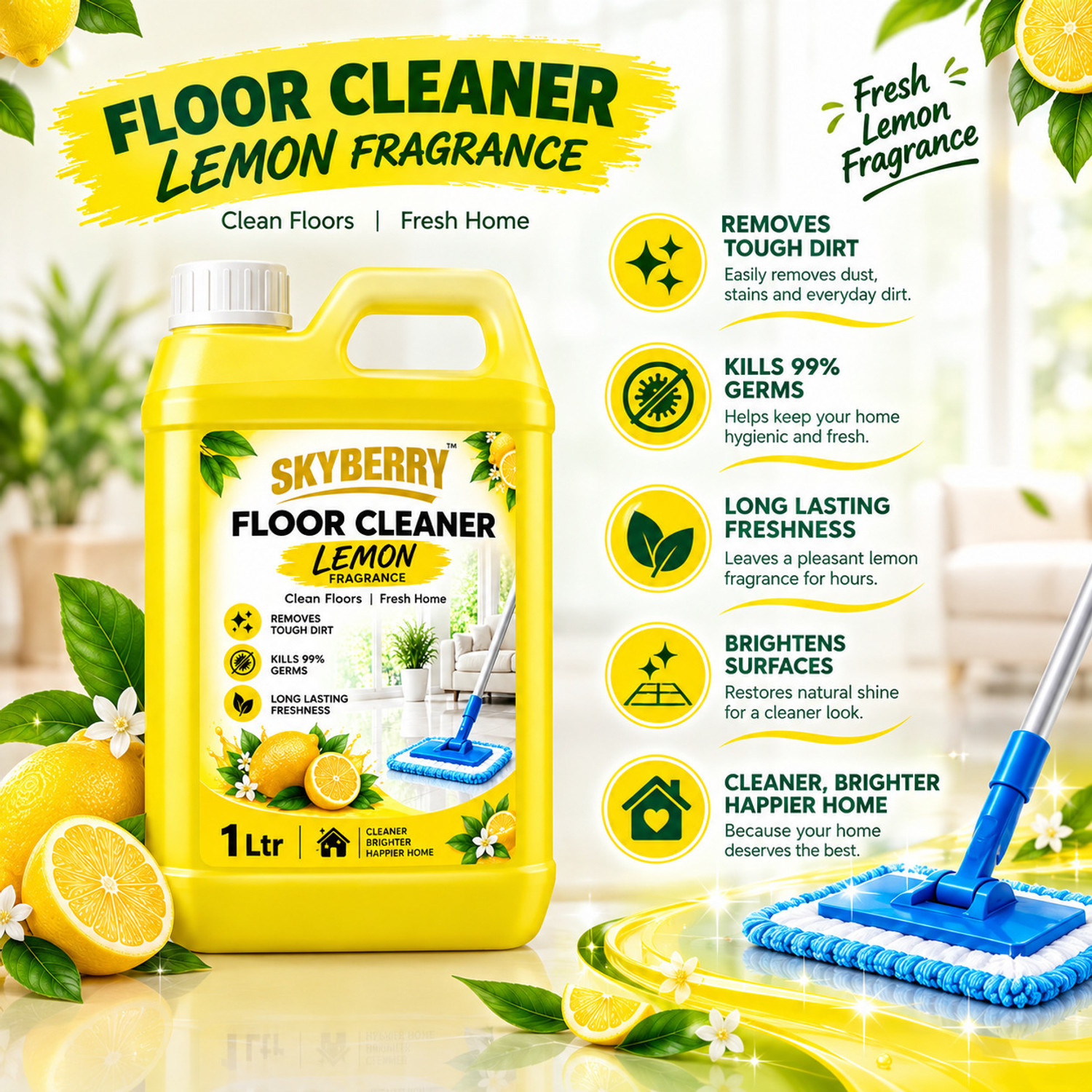 Image of skyberry Floor Cleaner Effective Action Liquid for Regular Floor Cleaning Lemon (1 L)