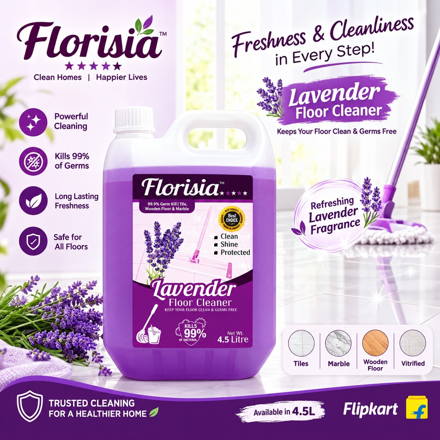 Image of Florisia Powerful Liquid Floor Cleaner & Disinfectant for Home & Office Use lavender