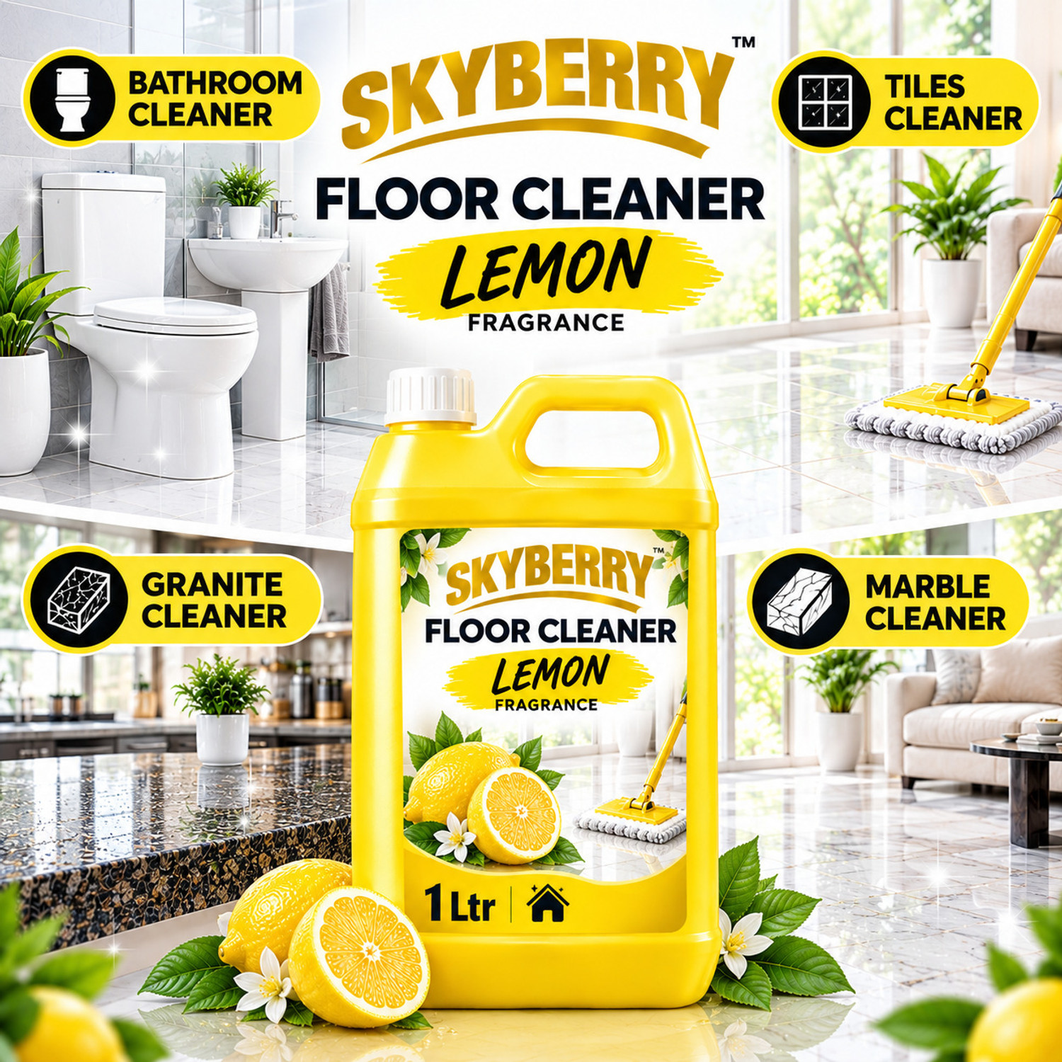 Image of skyberry Floor Cleaner Effective Action Liquid for Regular Floor Cleaning Lemon (1 L)