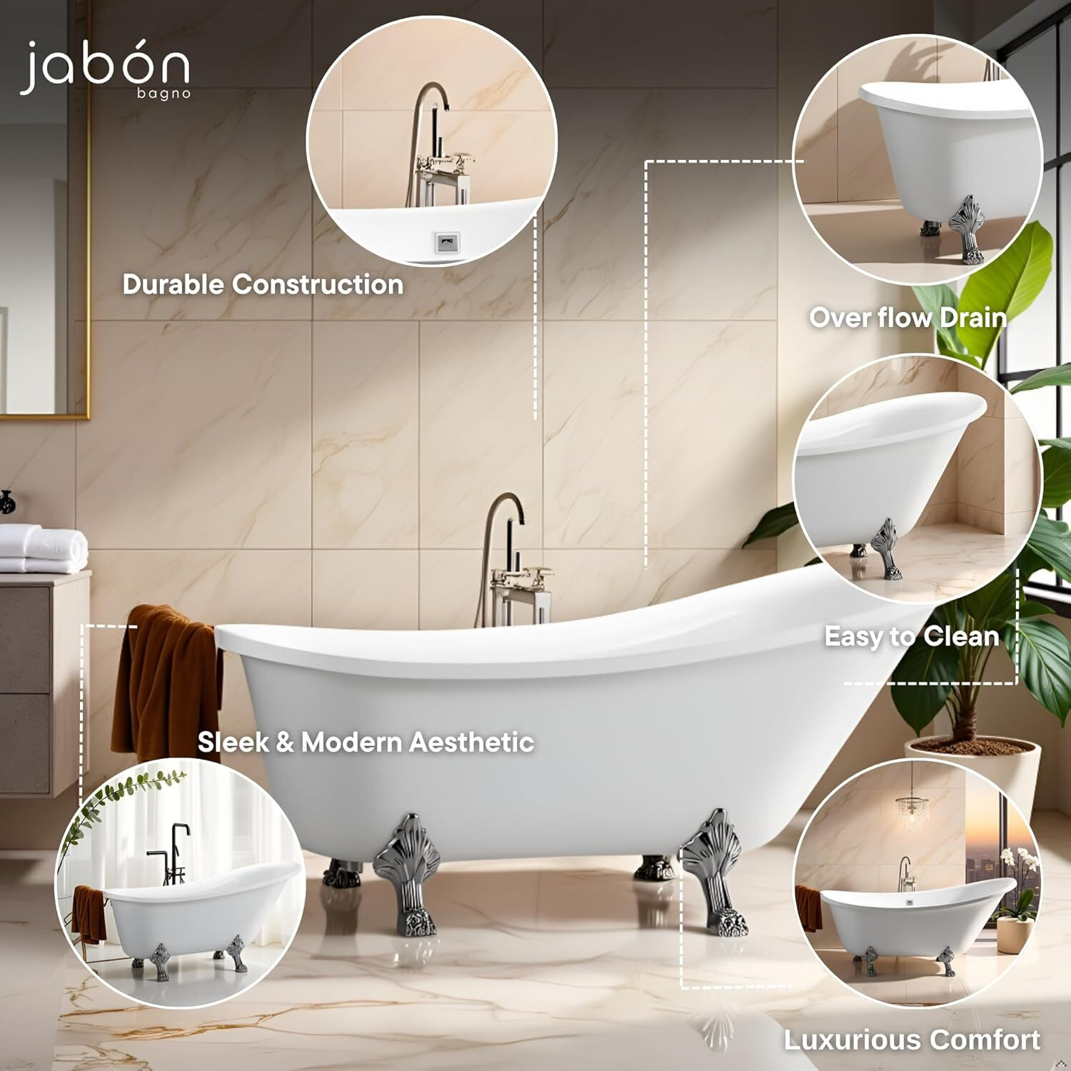 Image of JABON BAGNO Lancy Premium Acrylic Soaking Bathtub Free-standing Bathtub