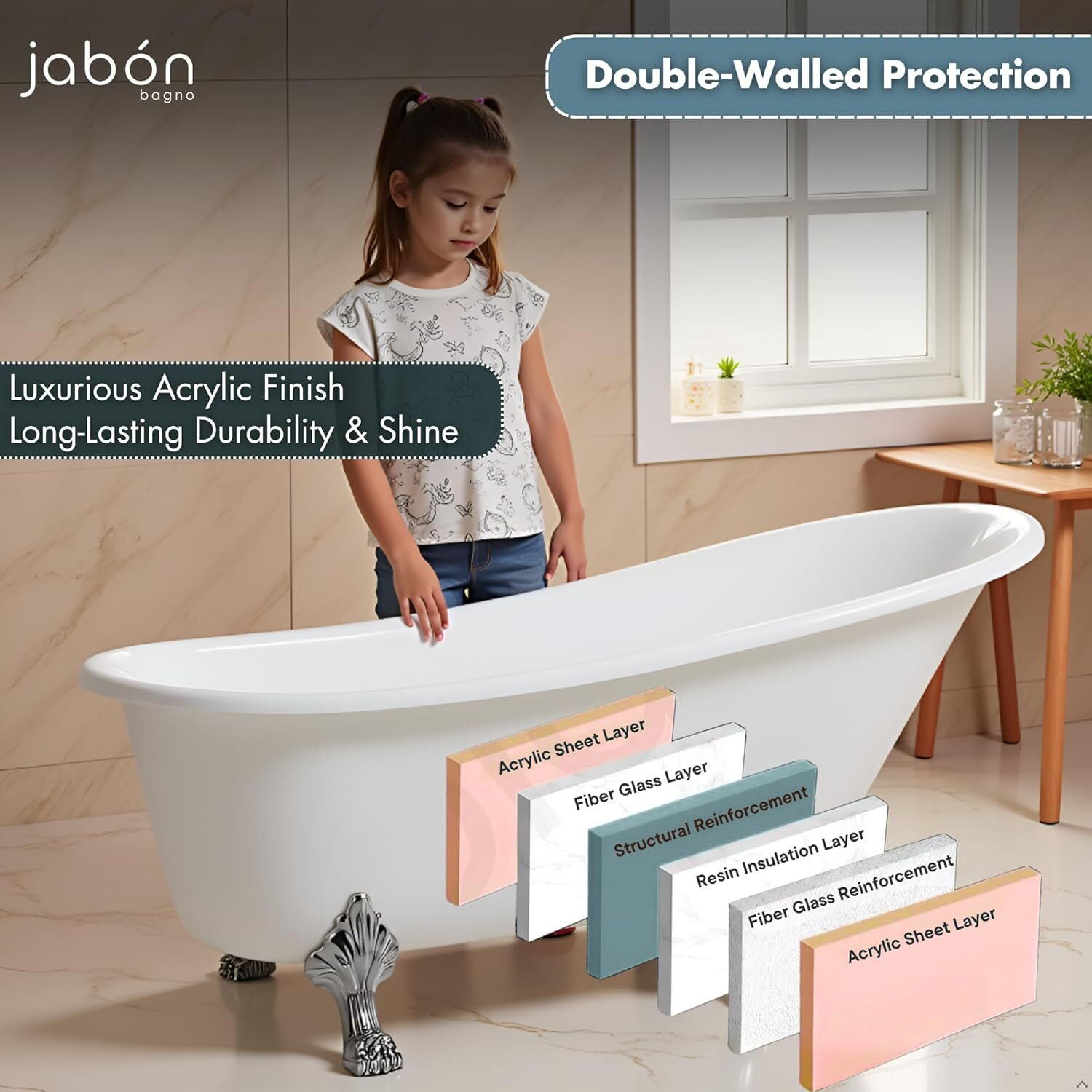 Image of JABON BAGNO Lancy Premium Acrylic Soaking Bathtub Free-standing Bathtub