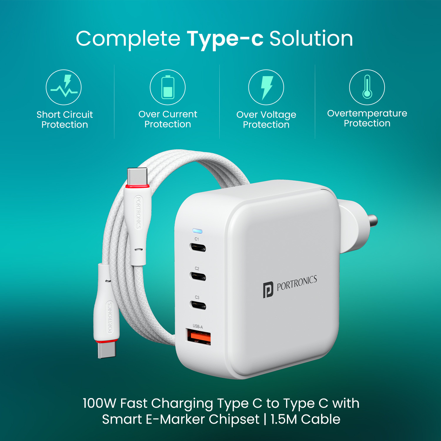 Image of Portronics 100 W GaN 5 A Wall Charger for Mobile with Detachable Cable