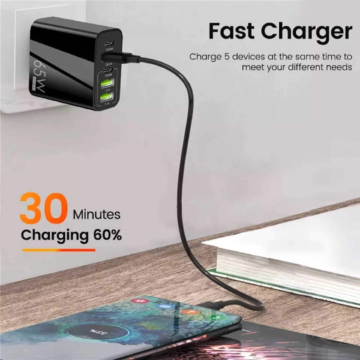 Image of Life Like 65 W Qualcomm 3.0 5.4 A Wall Charger for Mobile with Detachable Cable