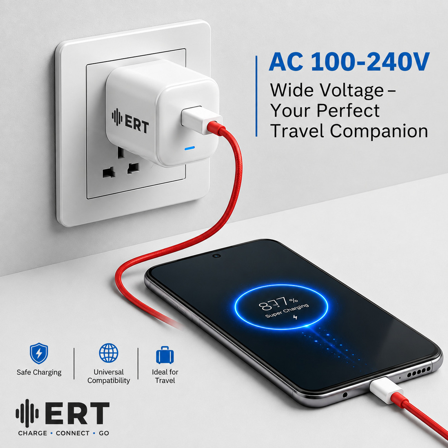 Image of ERT KING 80 W Adaptive Fast Charging 7.3 A Wall Charger for Mobile with Detachable Cable (White, Red)
