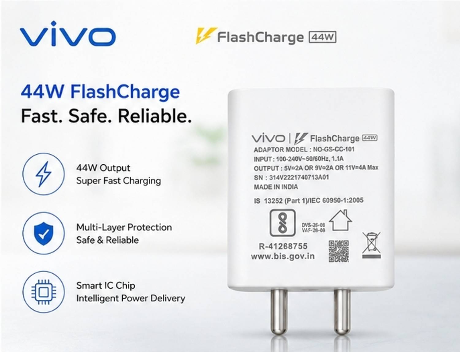 vivo 44 W Adaptive Fast Charging 4 A Single Port Mobile Charger
