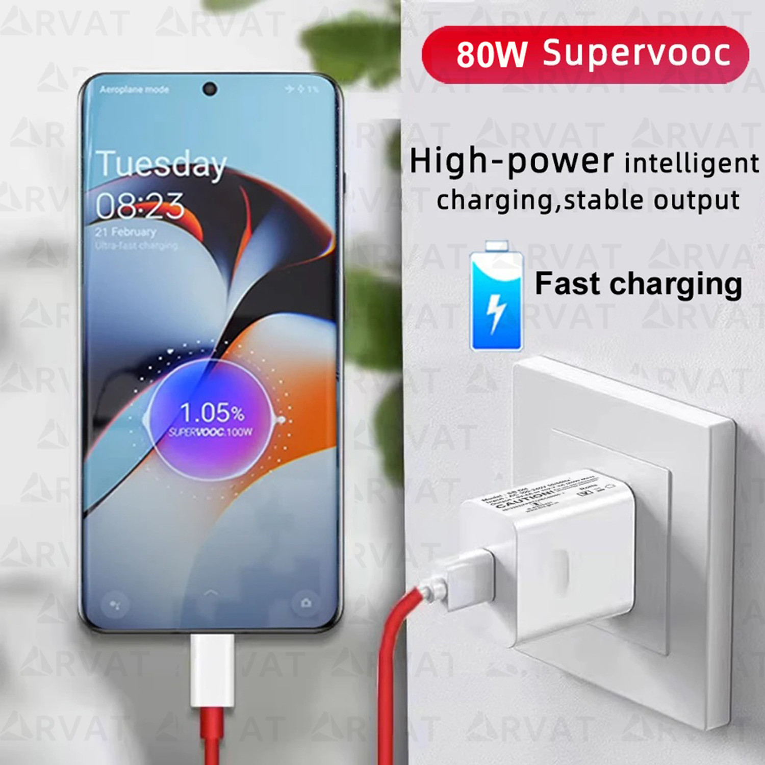 Image of RVAT 80 W SuperVOOC 7 A Wall Charger for Mobile with Detachable Cable