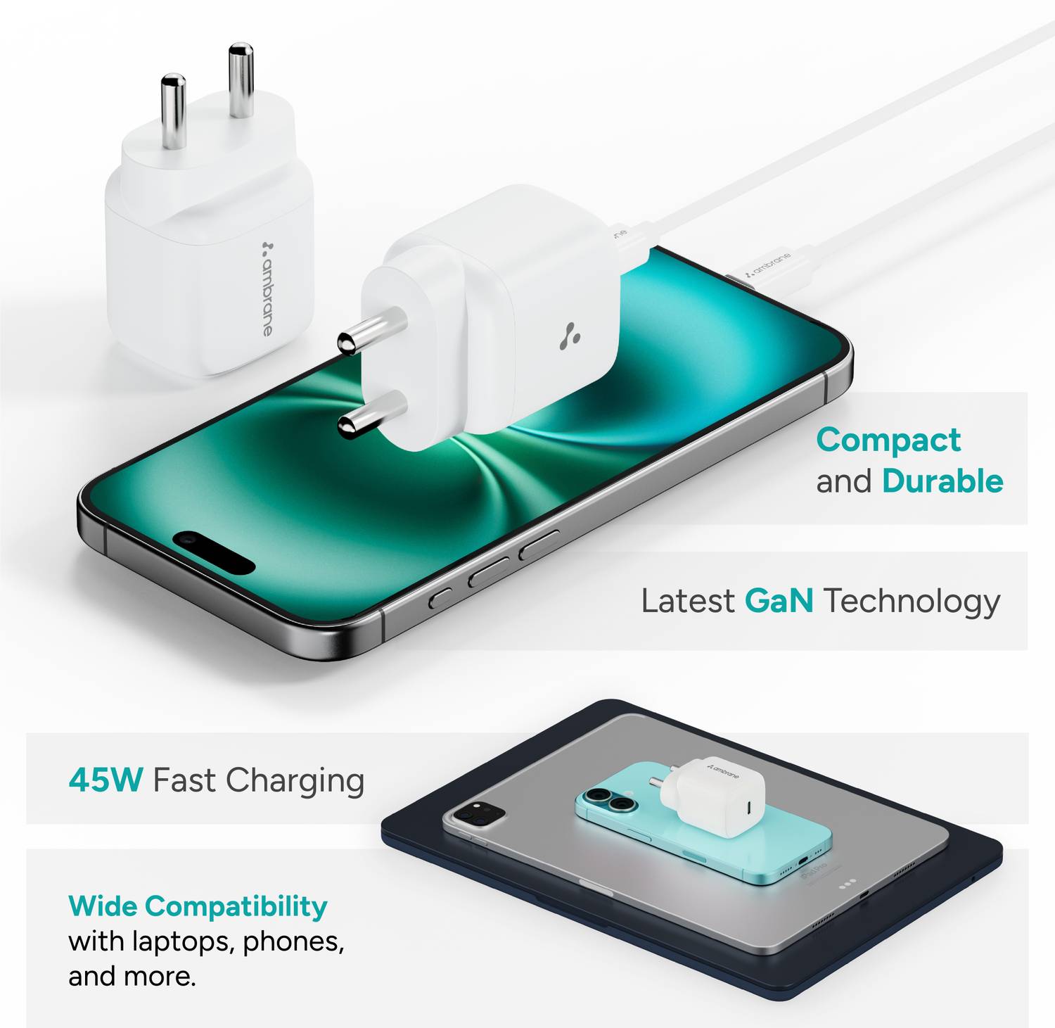 Ambrane 45W GaN 3A White Wall Charger - Image 2