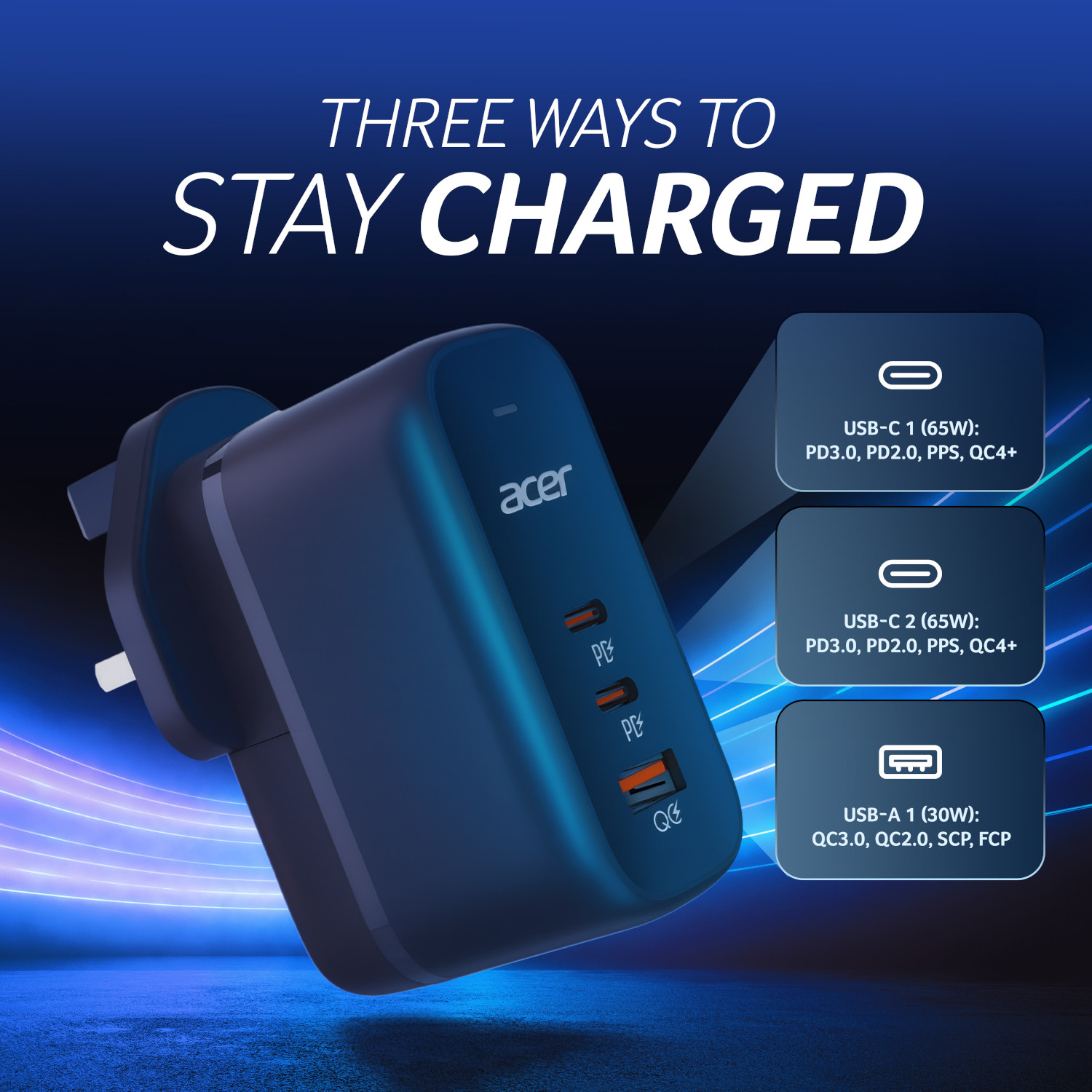 Image of Acer 65 W GaN 3.25 A 3 Port Mobile Charger with Detachable Cable
