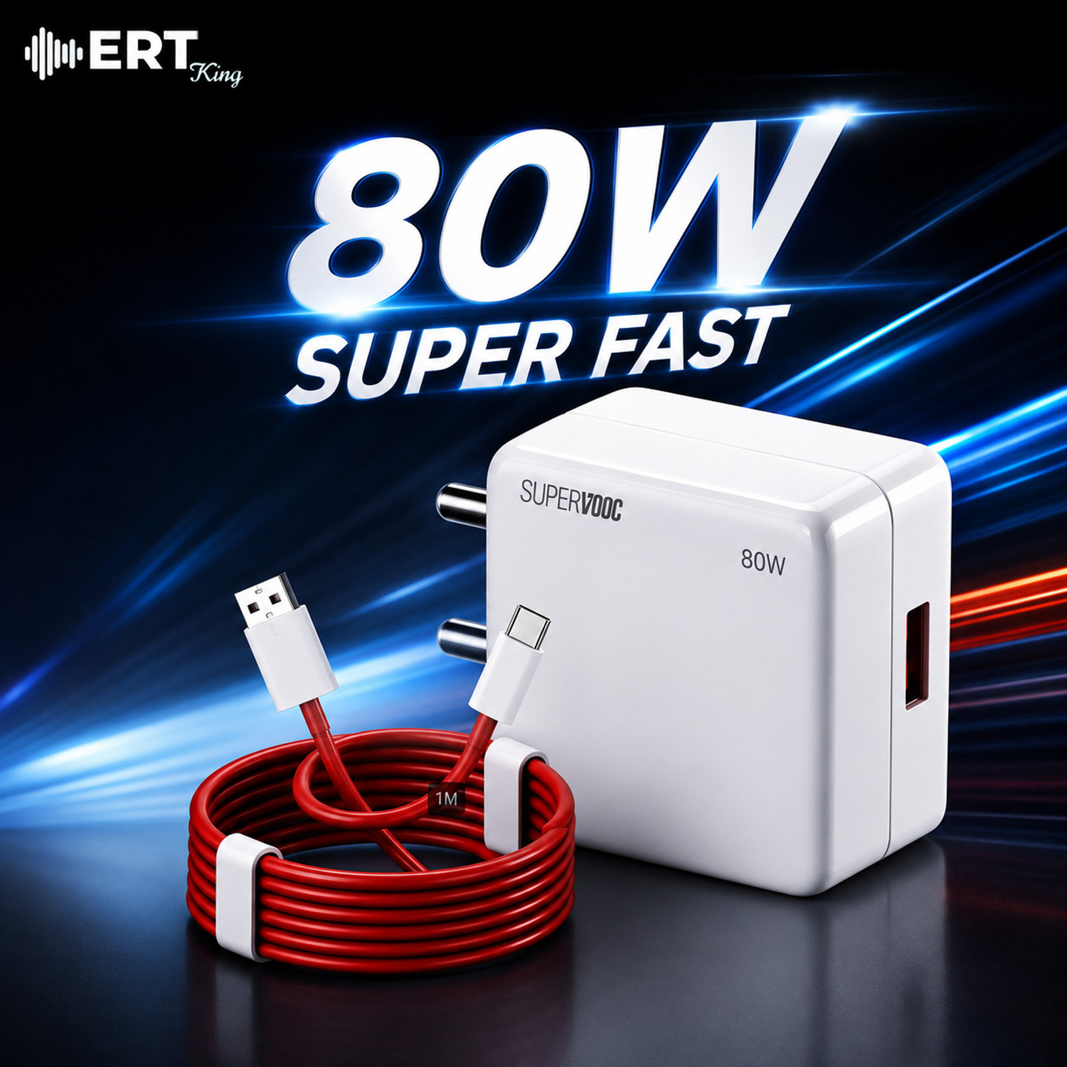 Image of ERT KING 80 W Adaptive Fast Charging 7.3 A Wall Charger for Mobile with Detachable Cable (White, Red)