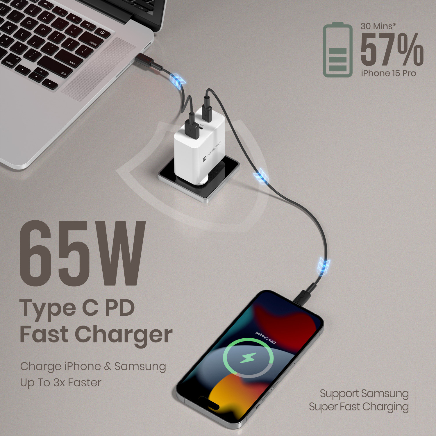 Image of Portronics 65 W PPS 3.25 A Wall Charger for Mobile with Detachable Cable