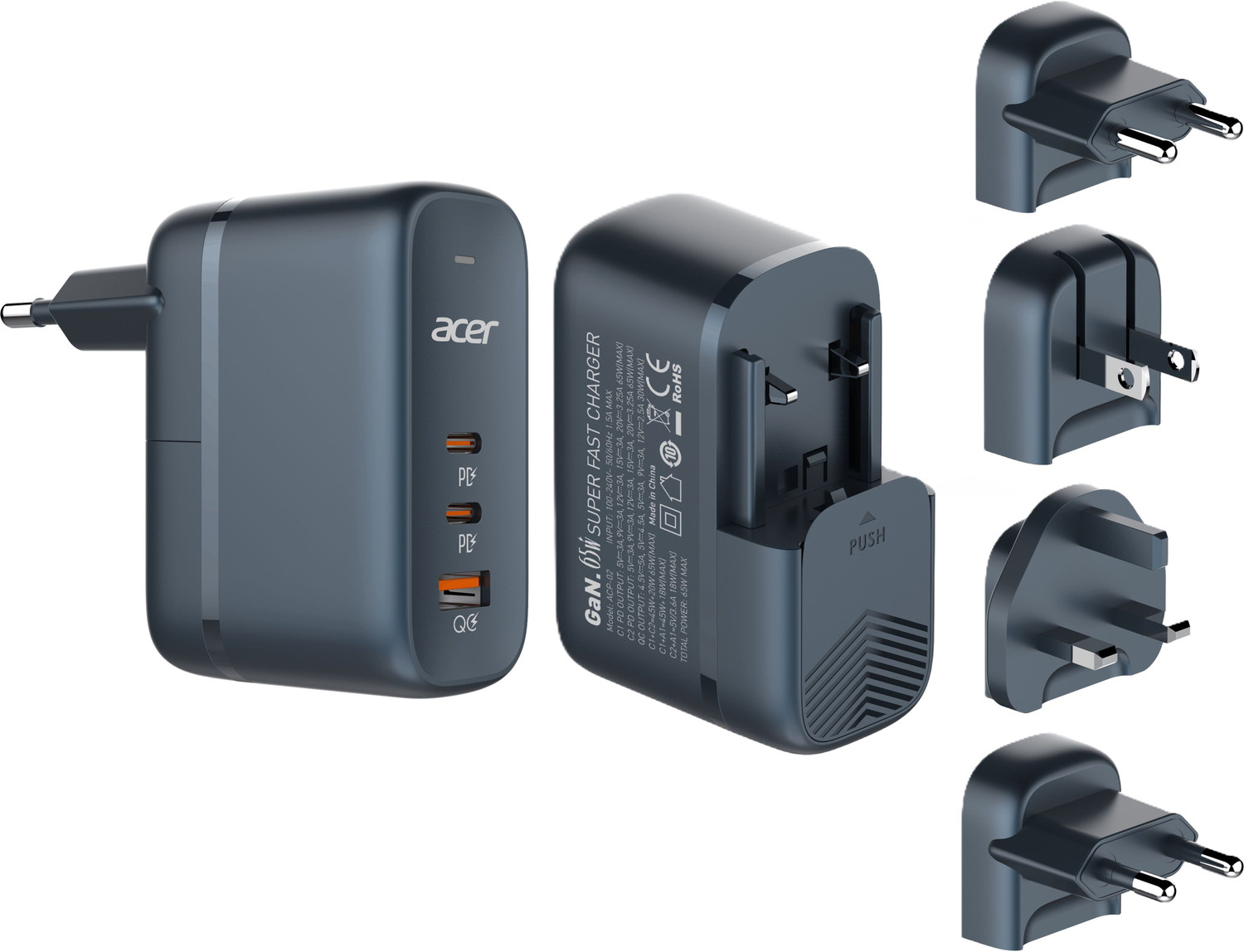 Image of Acer 65 W GaN 3.25 A 3 Port Mobile Charger with Detachable Cable