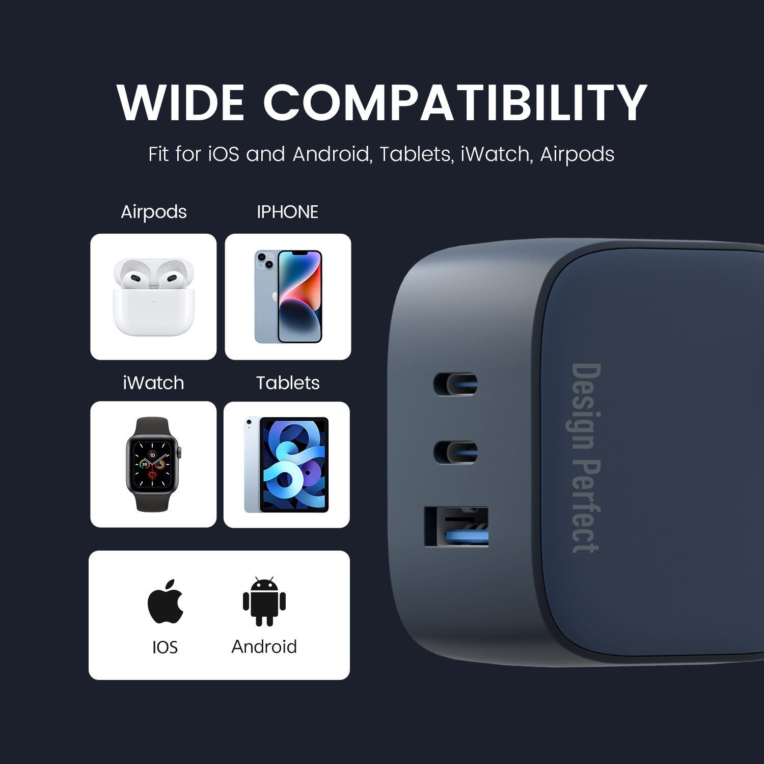 Image of DeperAI 65 W GaN 3.4 A 3 Port Mobile Charger with Detachable Cable
