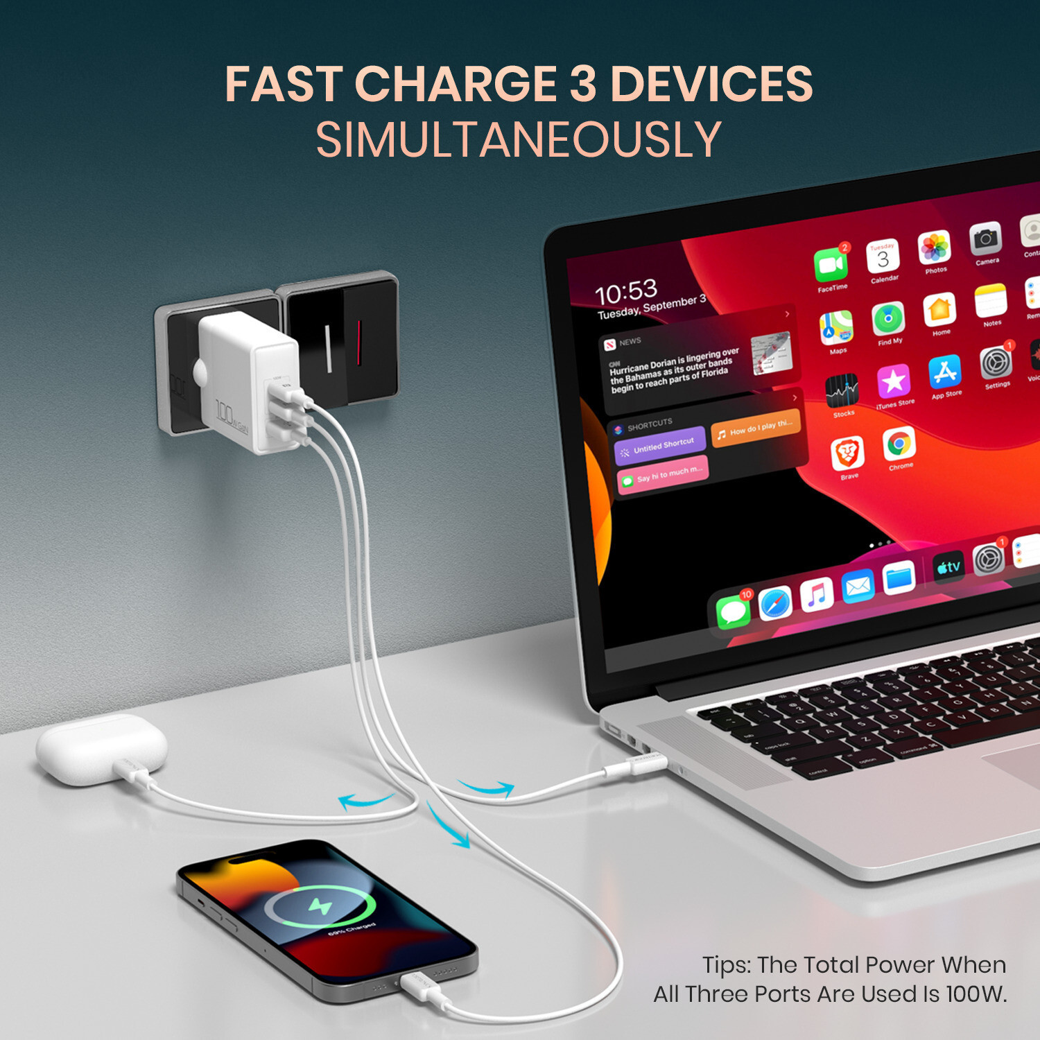 Image of Portronics 100 W GaN 3 A 3 Port Tablet Charger with Detachable Cable
