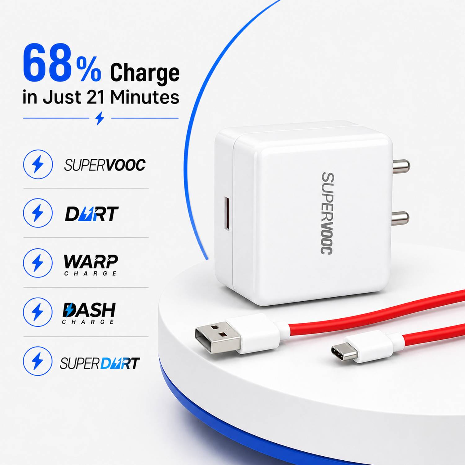CLAT 80 W VOOC 6 A Wall Charger for Mobile with Detachable Cable