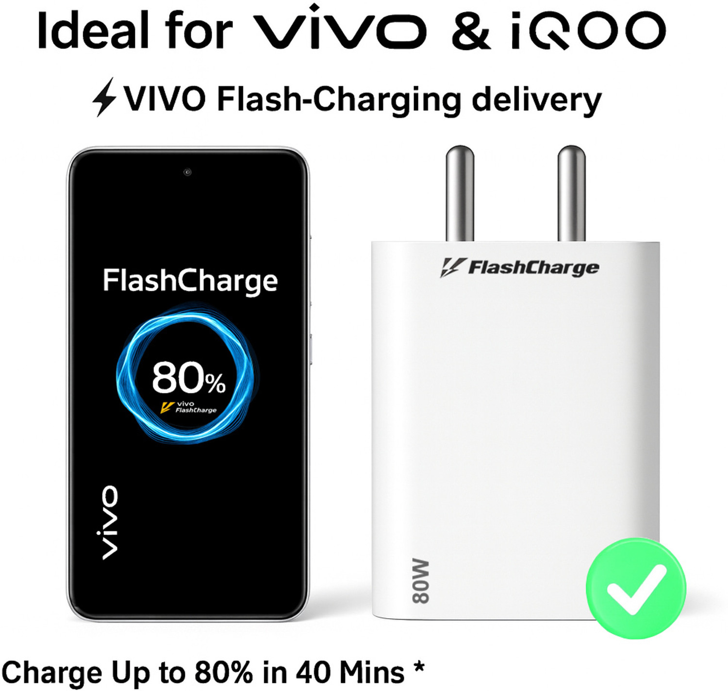 Image of RVAT 80 W Quick Charge 7.3 A Wall Charger for Mobile with Detachable Cable