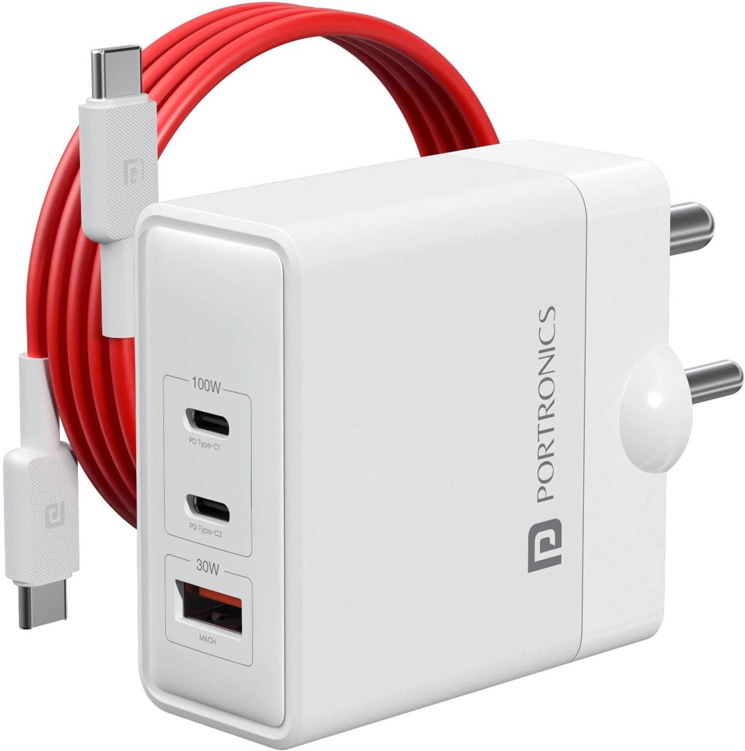 Portronics 100W GaN 3A 3-Port Tablet Charger with Detachable Cable