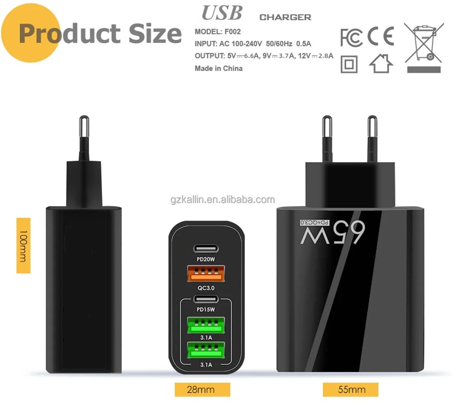 Image of Life Like 65 W Qualcomm 3.0 5.4 A Wall Charger for Mobile with Detachable Cable