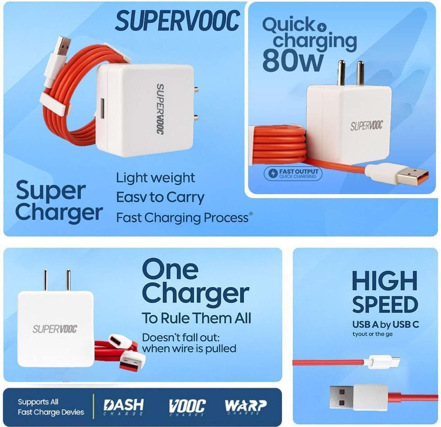 Image of CLAT SUPERVOOC 80W Power Adapter Super Fast Charger For All Protocol axzc 6 A Mobile Charger with Detachable Cable