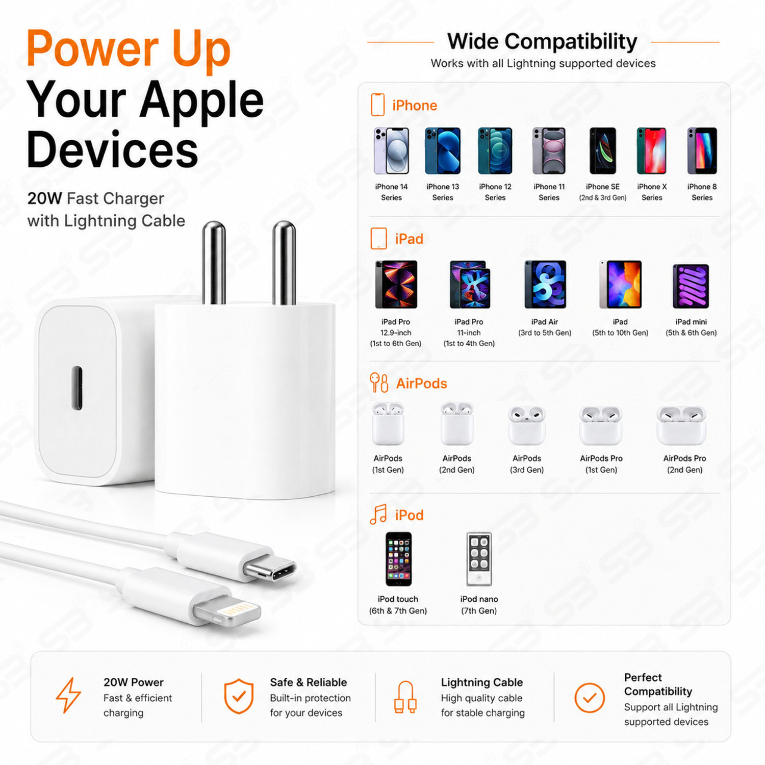 Image of SB 20 W Quick Charge 3 A Wall Charger for Mobile with Detachable Cable