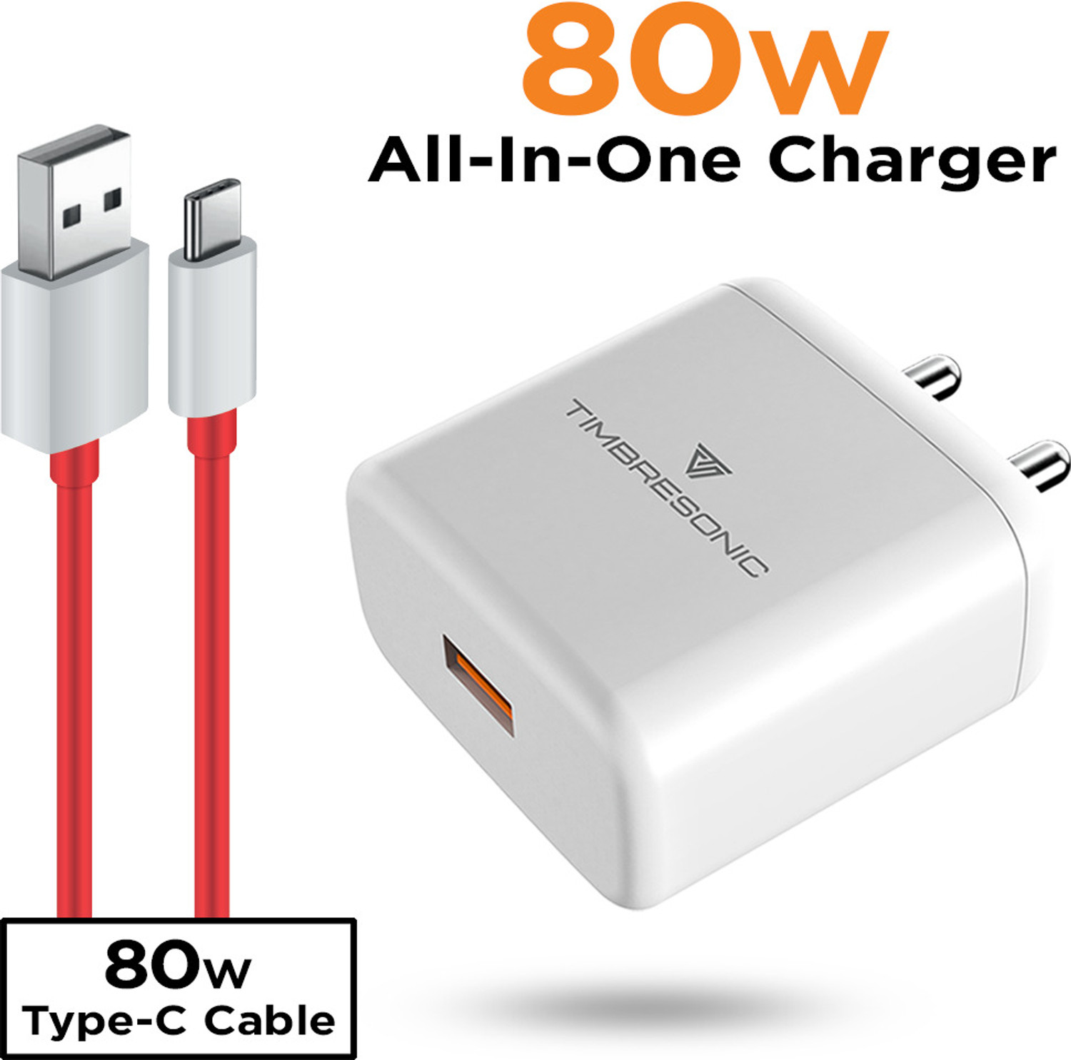 Image of TIMBRESONIC 80 W SuperVOOC 7 A Wall Charger for Mobile with Detachable Cable