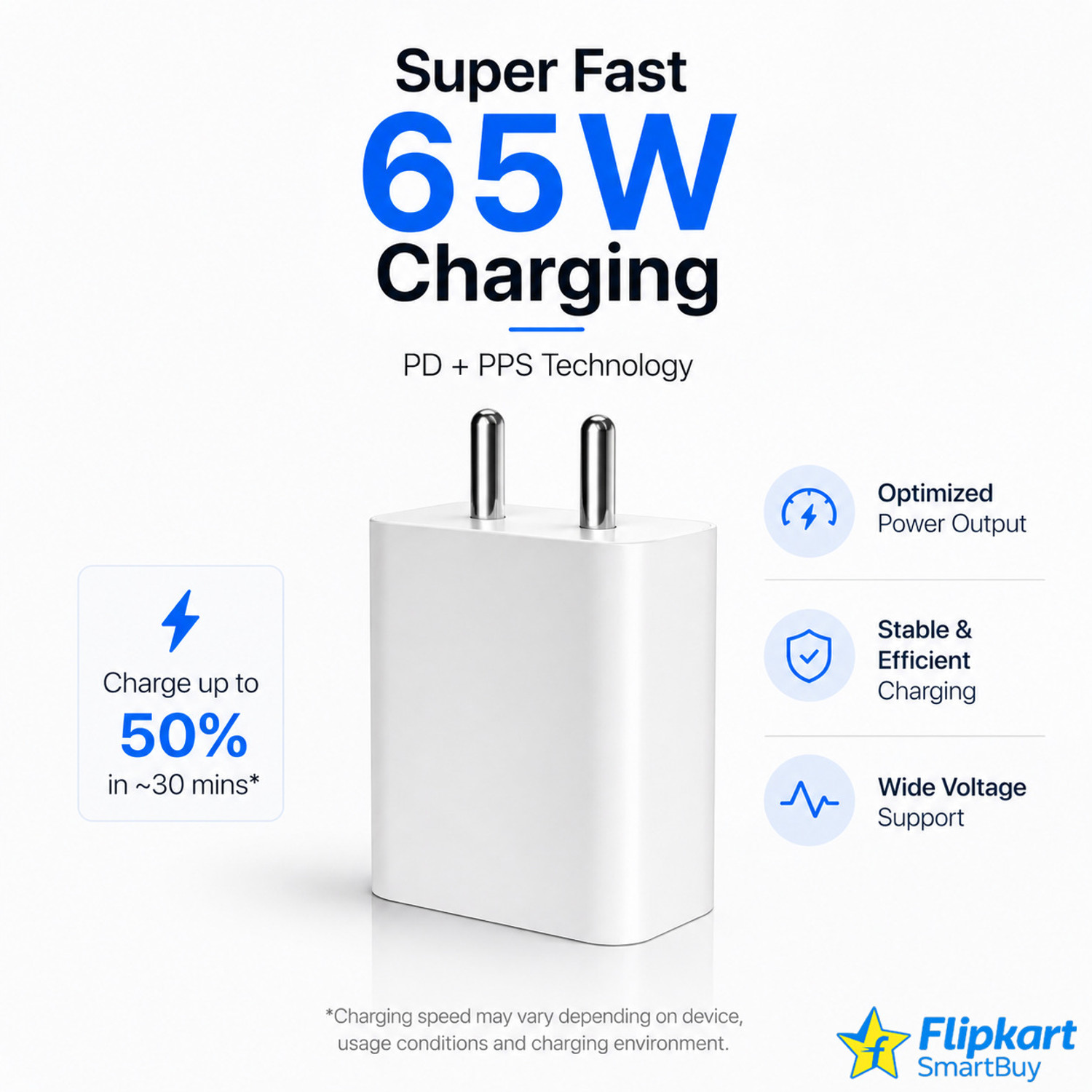 Image of Flipkart SmartBuy 65 W PD 3 A Wall Charger for Mobile with Detachable Cable