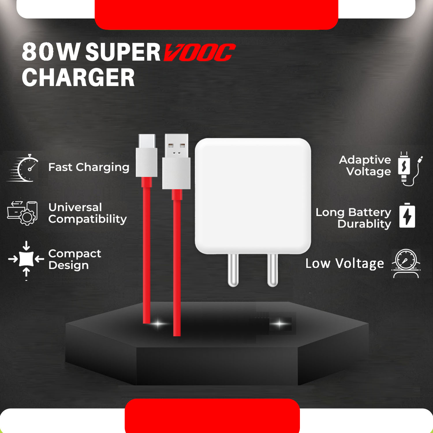 Image of SUFO 80 W SuperVOOC 7.3 A Wall Charger for Mobile with Detachable Cable