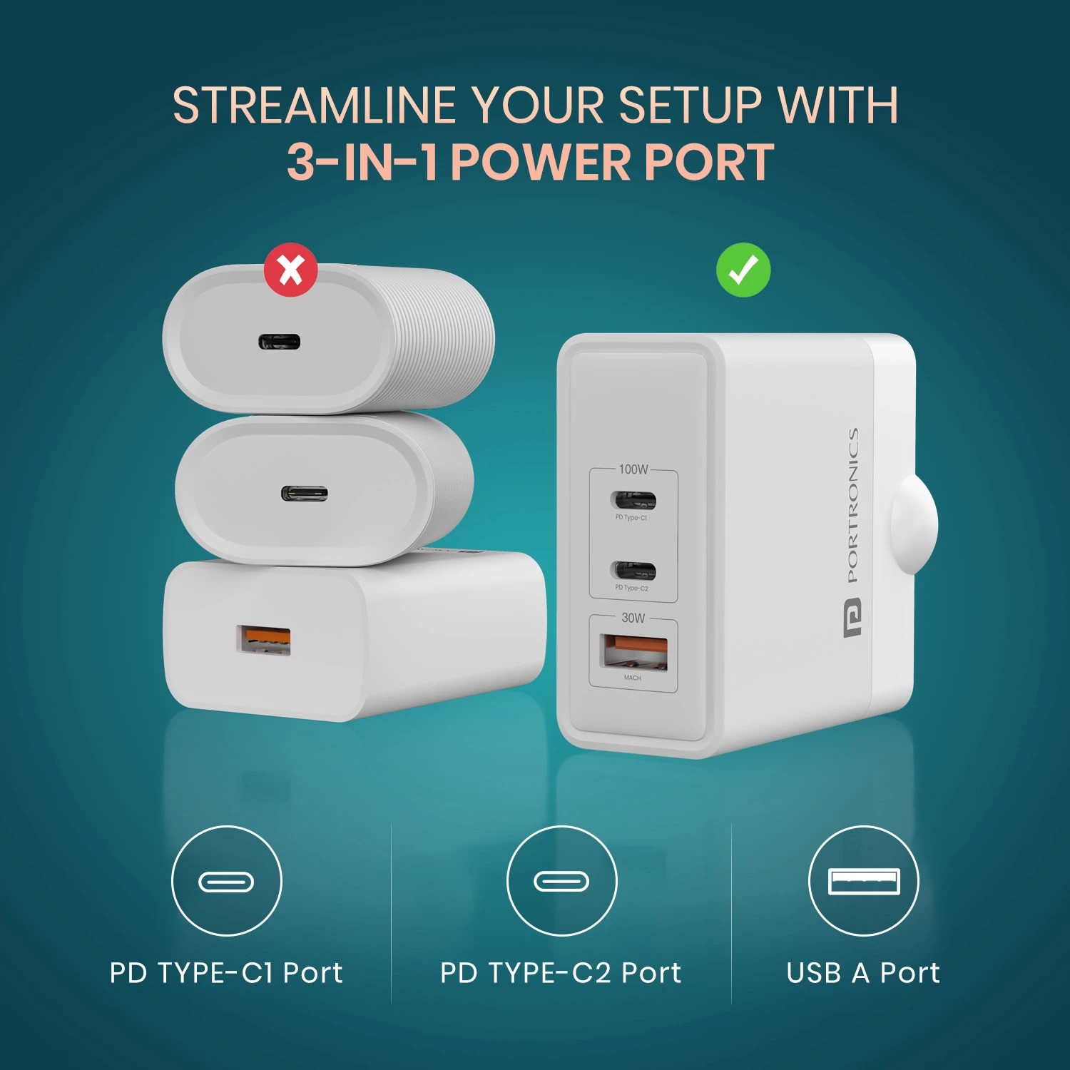 Image of Portronics 100 W GaN 3 A 3 Port Tablet Charger with Detachable Cable
