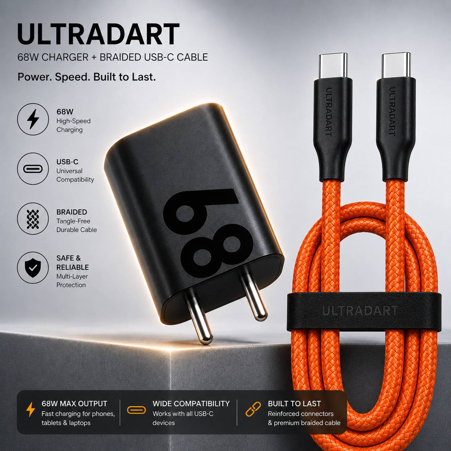 ULTRADART 68 W TurboPower 3.0 4 A Wall Charger for Mobile with Detachable Cable