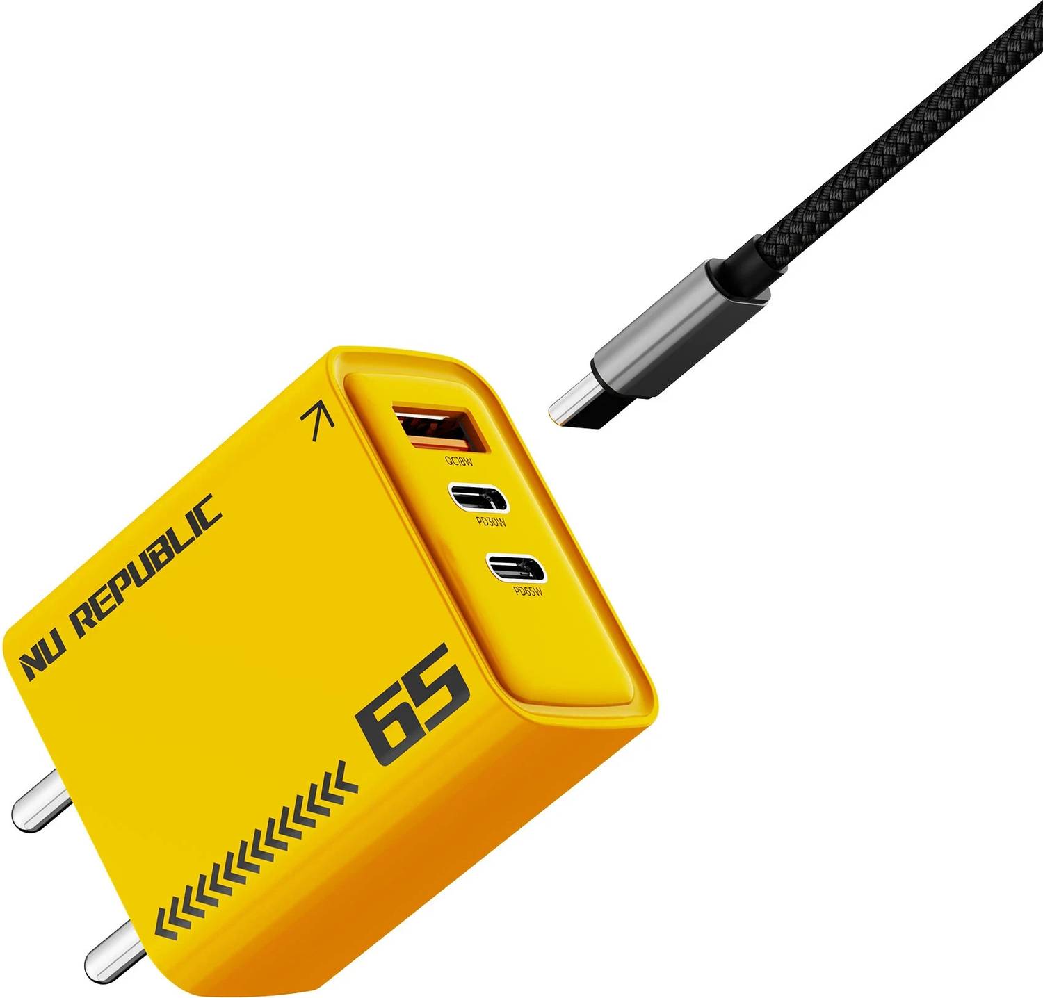 Nu Republic 65 W GaN 6 A 3 Port Mobile Charger with Detachable Cable Rs. 1499 - Flipkart