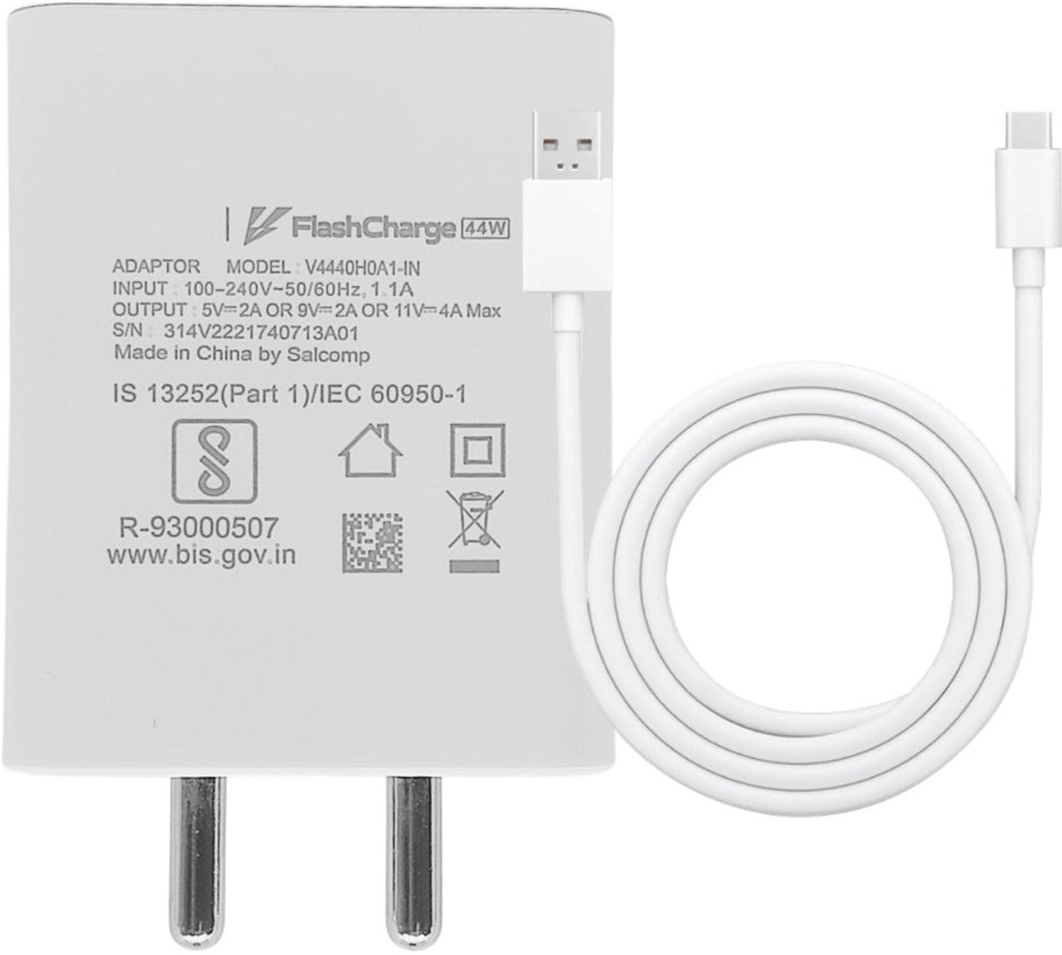 Image of vivo 44 W Quick Charge 4 A Wall Charger for Mobile with Detachable Cable